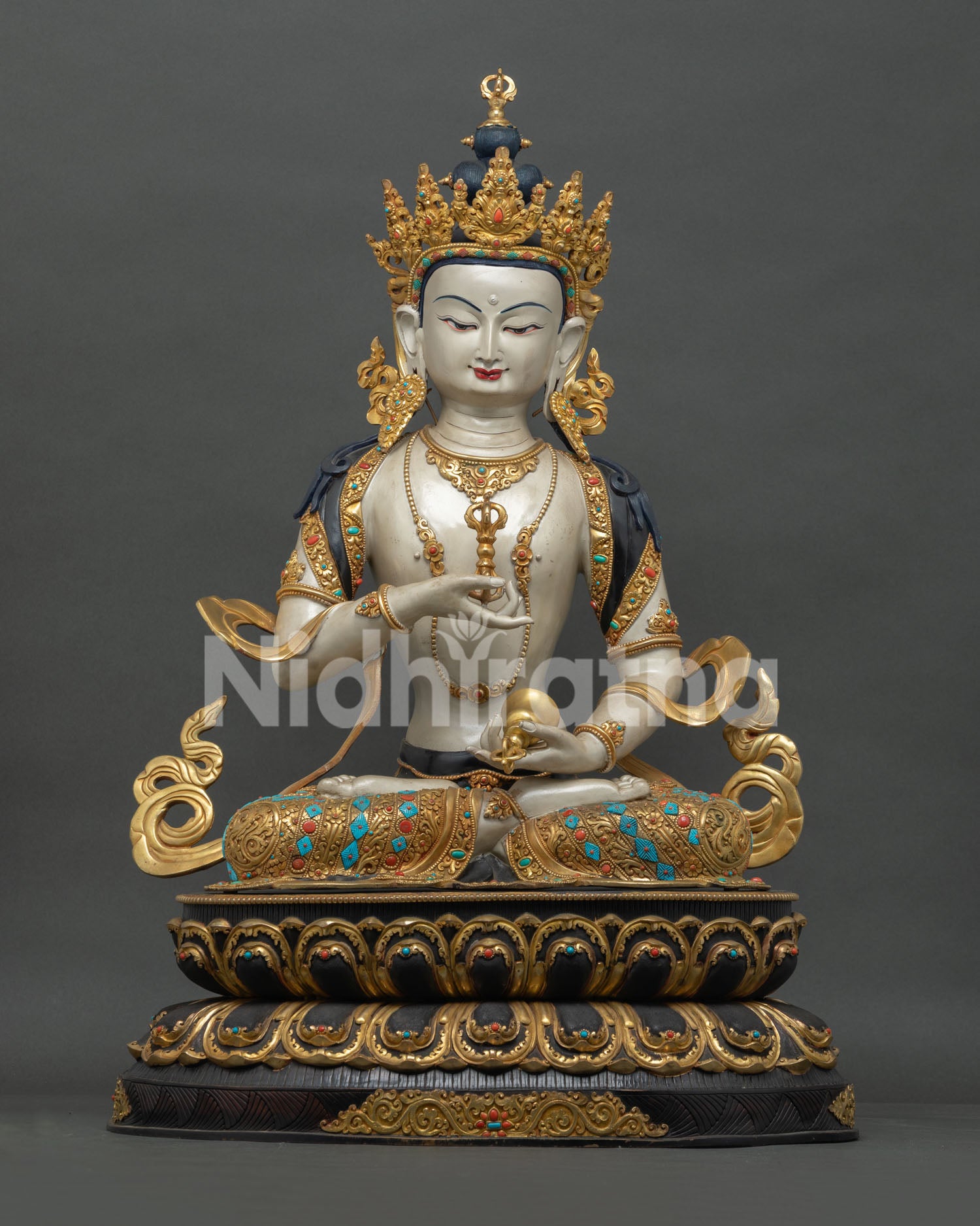 Grand-size Vajrasattva Statue handcrafted in Nepal, 75.5cm copper sculpture with 24K gold gilding and gemstone inlay