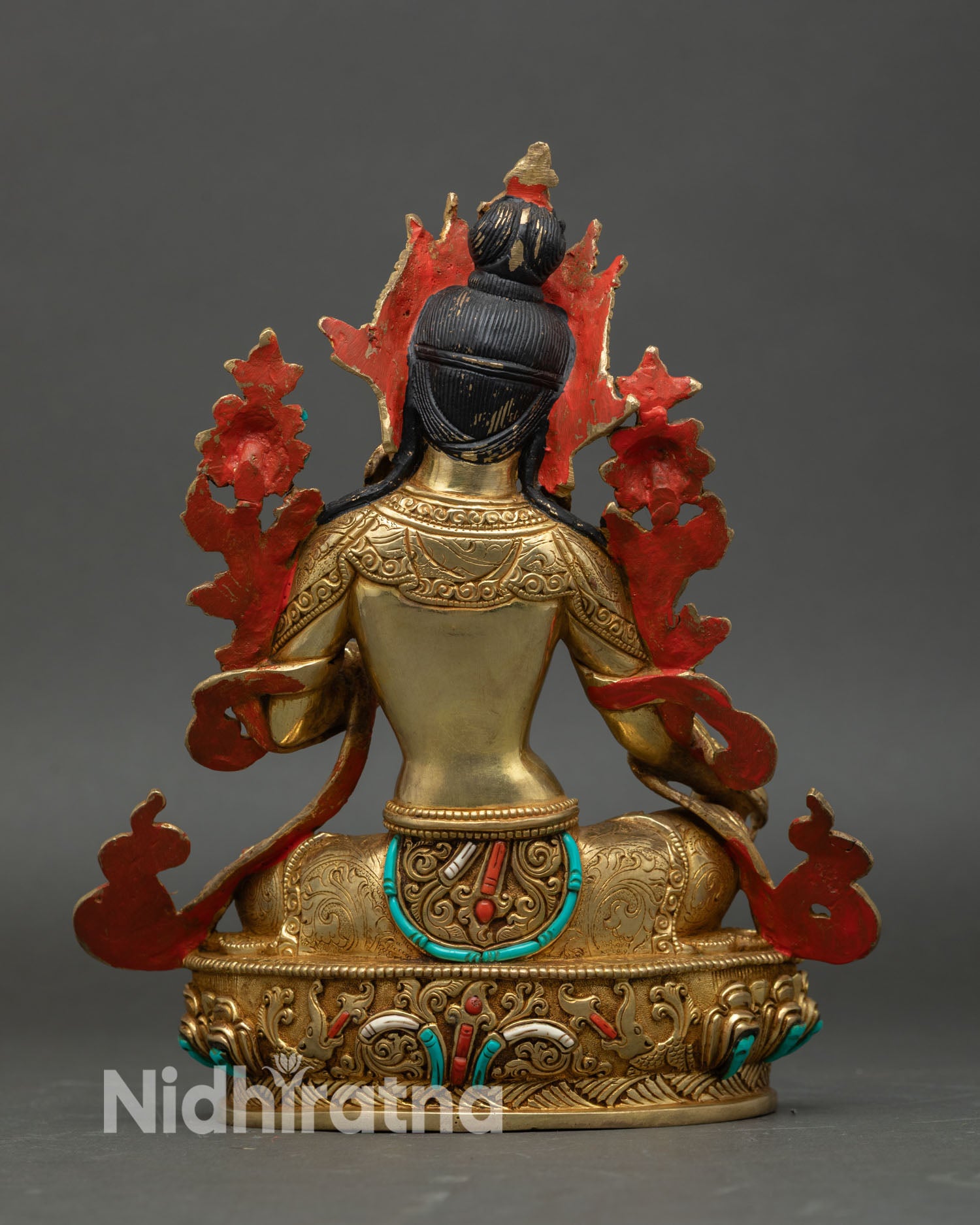 Green Tara back view handmade Nepal statue intricate carving lotus base gold gilded copper Buddhist meditation altar spiritual decor