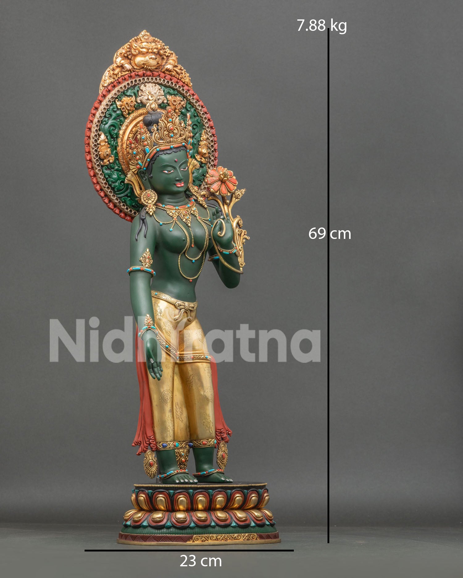 Green Tara Buddha Statue in tribhanga posture with gold-gilded finish and lost-wax casting detail