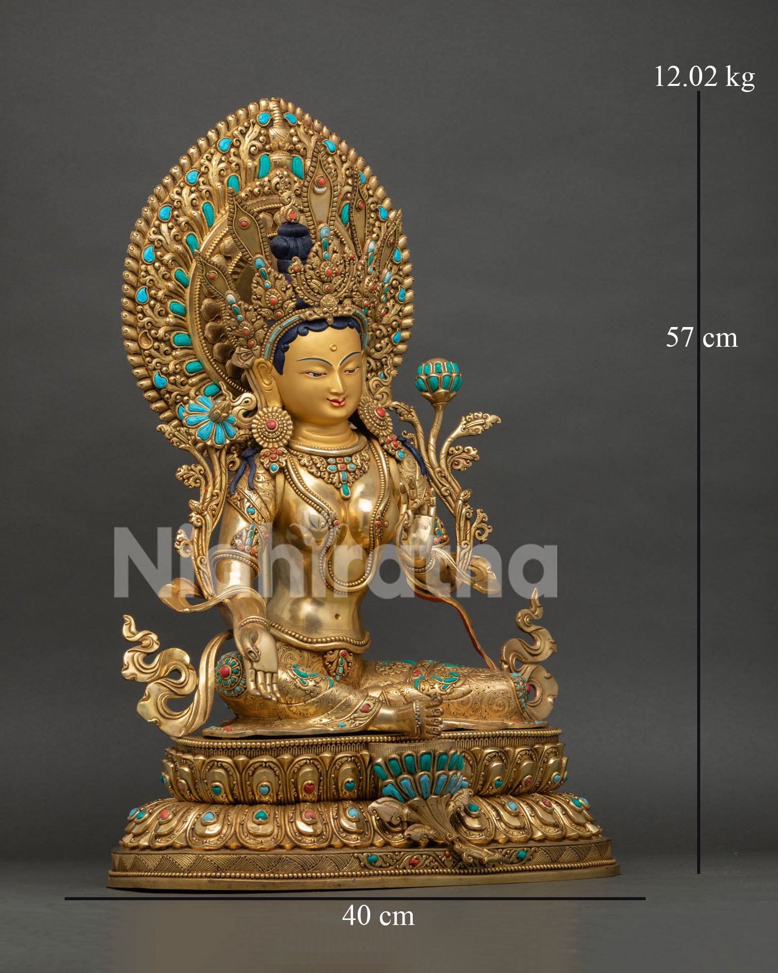 Green Tara Buddha statue with turquoise coral inlay front facing view Nepal