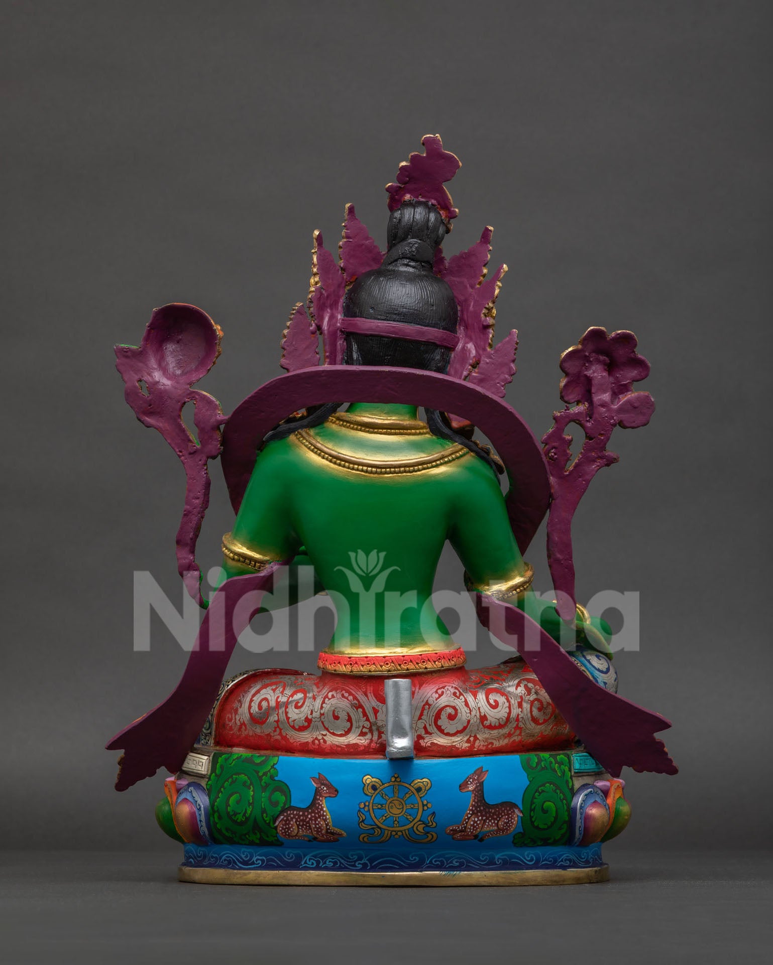 Green Tara Buddhist statue back view showing intricate robe patterns and handcrafted details