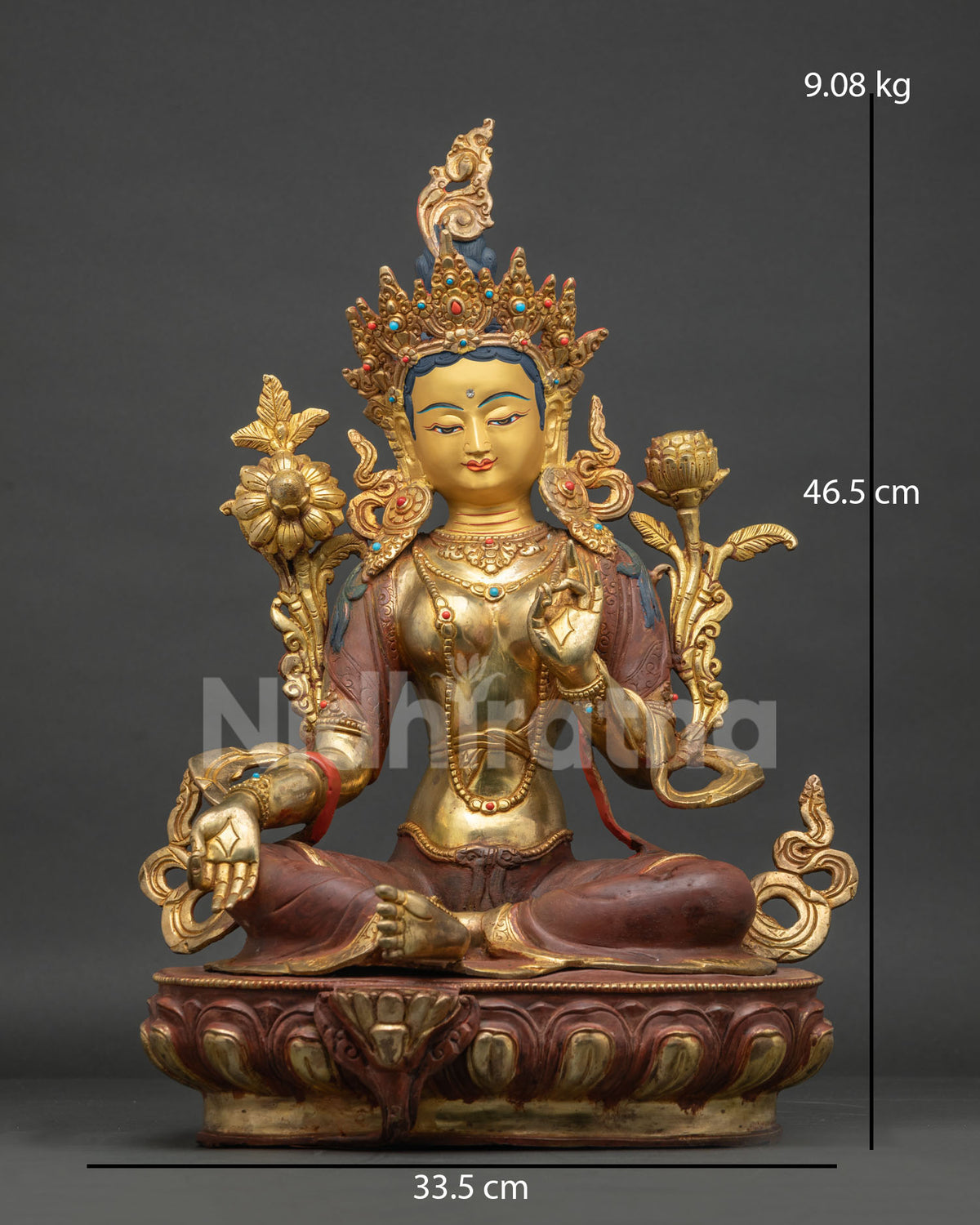 Green Tara Buddhist statue crafted from copper with gold painted face and ornate jewelry