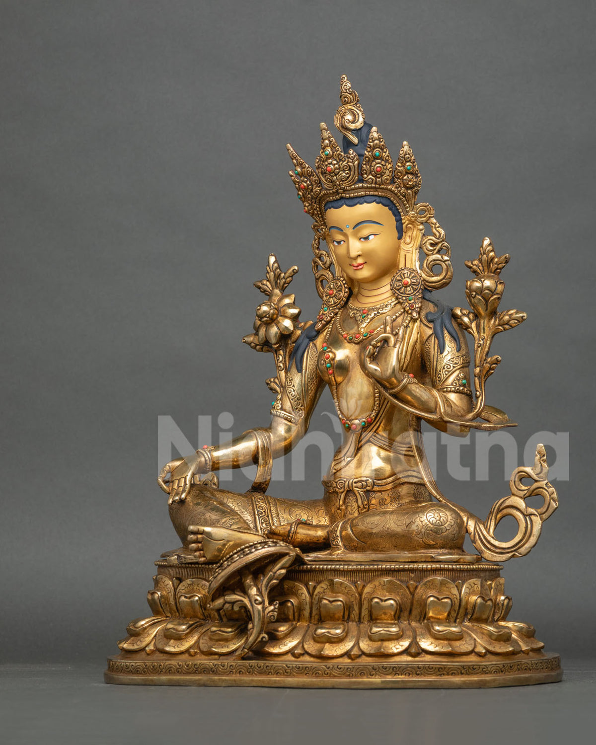 Green Tara Buddhist Statue with Three Dimensional Carved Robes and Ornaments