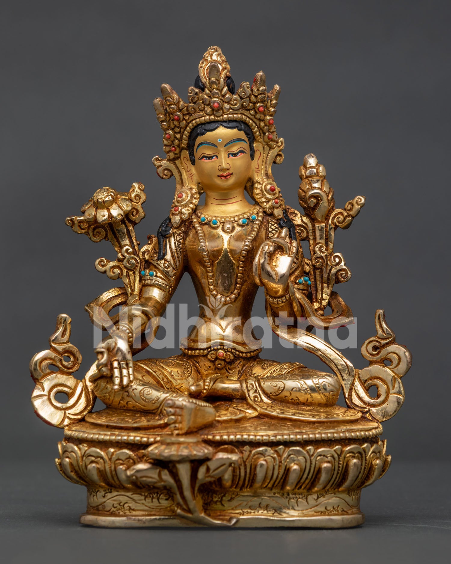 Green Tara Buddhist statue with 24K gold fire gilding and gold-painted face from Nepal