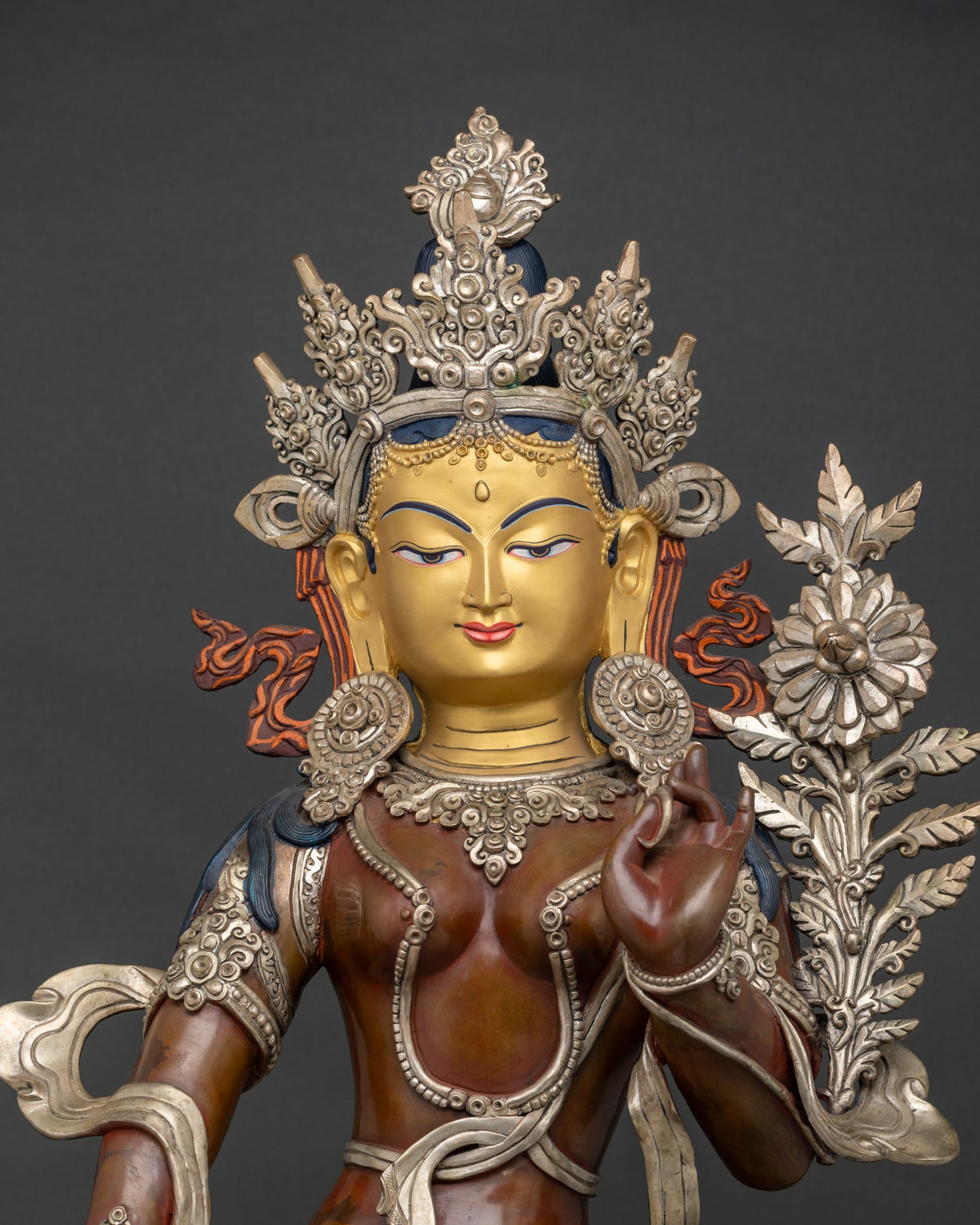 Green Tara close-up showing jeweled crown, ornate halo & detailed garments by Newari artisans