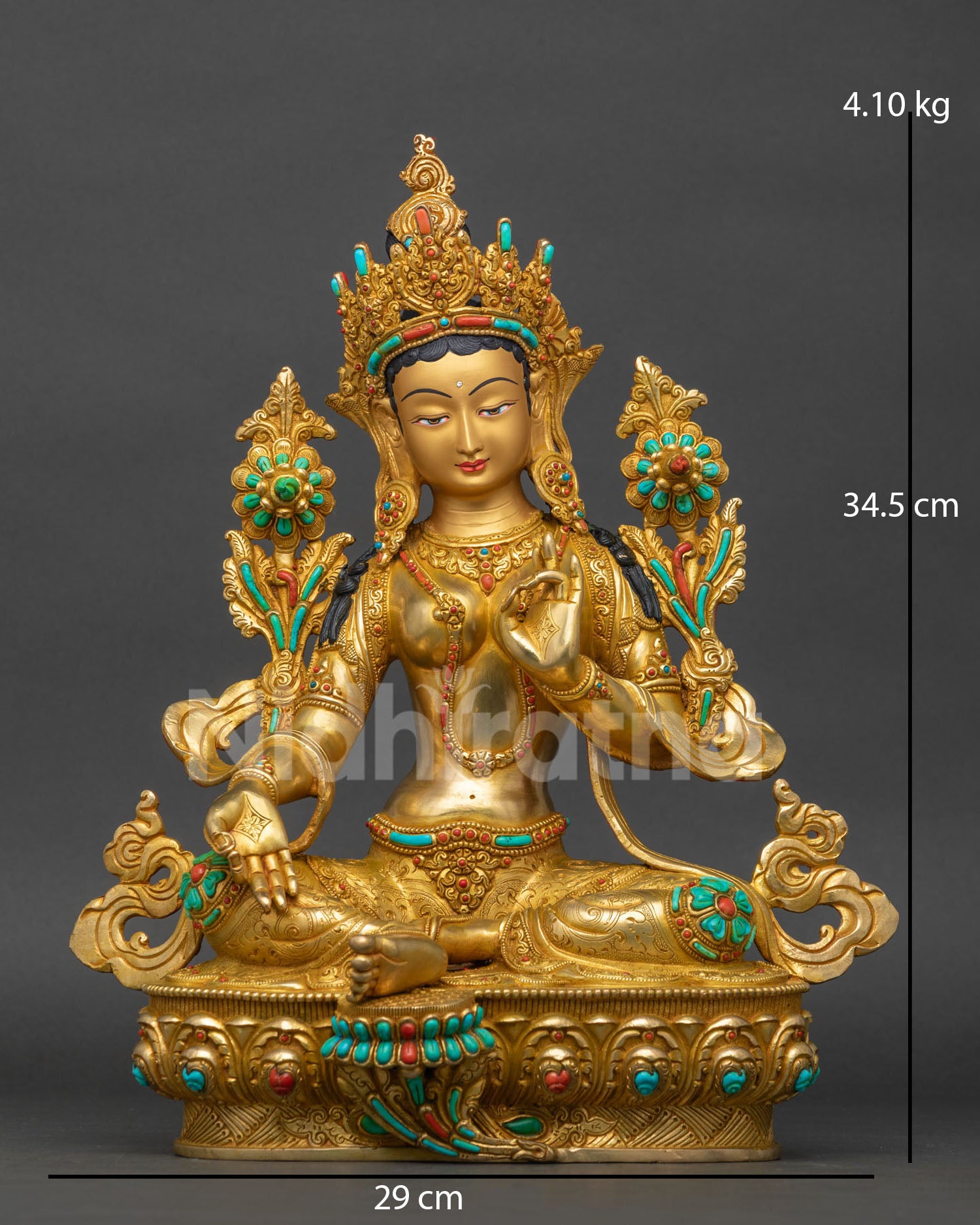 Green Tara Copper Statue Cambodia with 24K gold gilding and turquoise inlay, front view