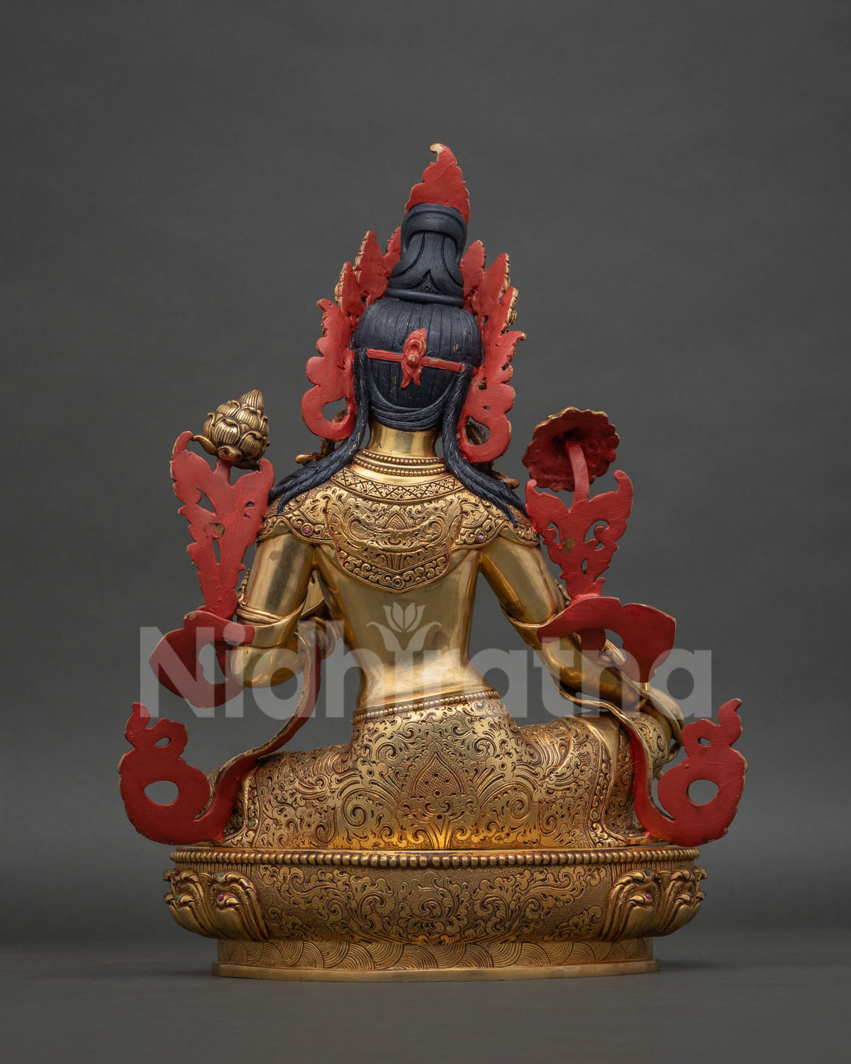 Green Tara Copper Statue back view showing flame nimbus and hair detailing