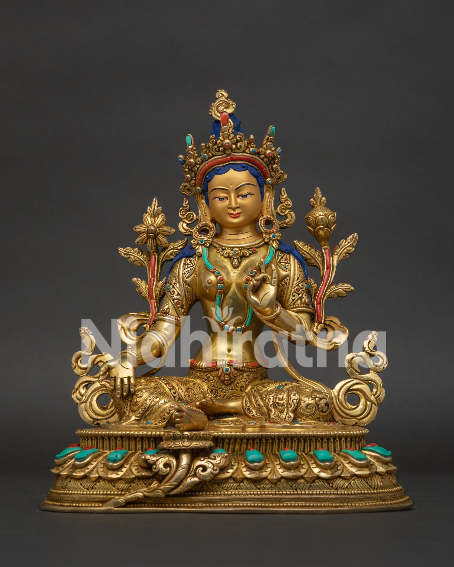 Green Tara Copper Statue from Nepal with 24K Gold-Gilded Finish and Lotus Pedestal Front View
