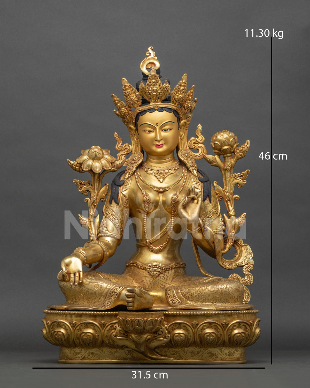 Green Tara Copper Statue Front View, Handcarved Buddhist Sculpture from Nepal