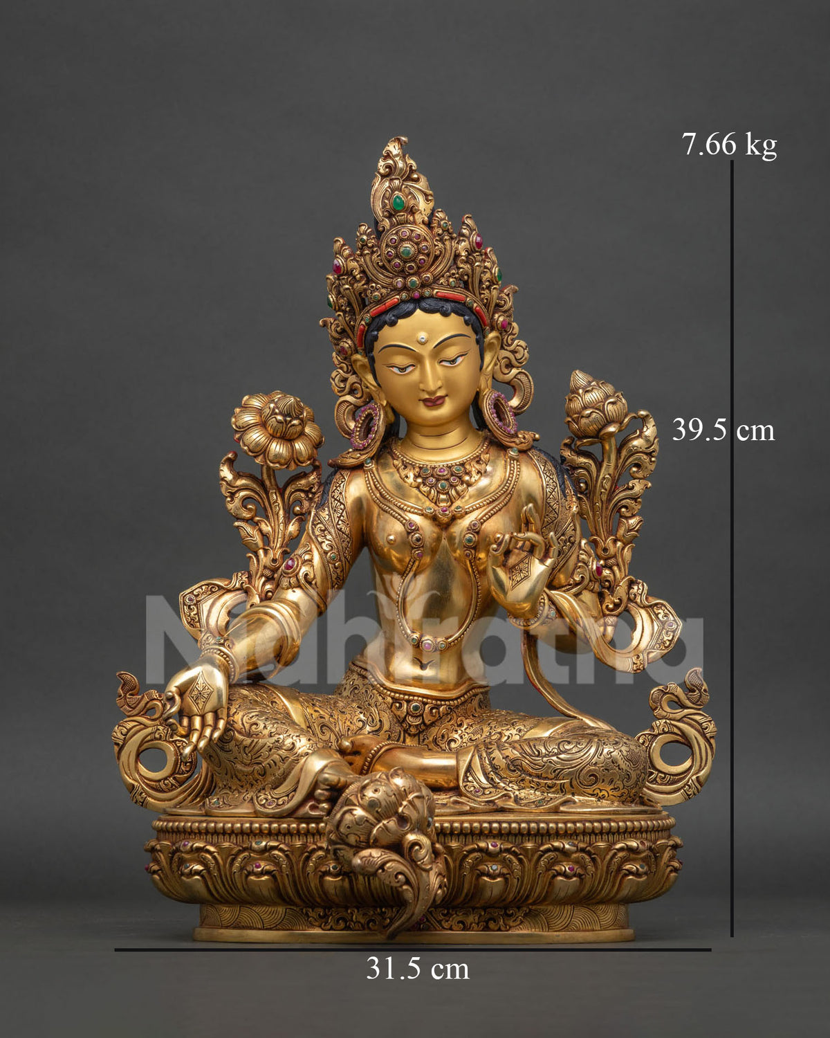 Green Tara Copper Statue front view with lotus flowers and Varada Mudra, handcrafted Buddhist art