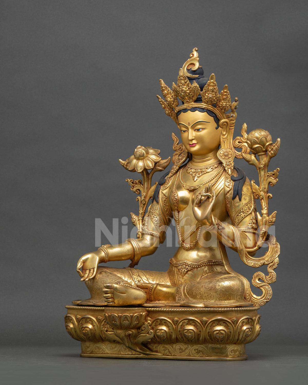 Green Tara Copper Statue Left Side View, Handcarved Nepal Sculpture