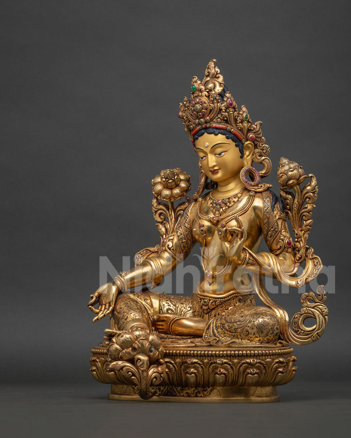 Green Tara Copper Statue left side view, Himalayan Buddhist compassion sculpture