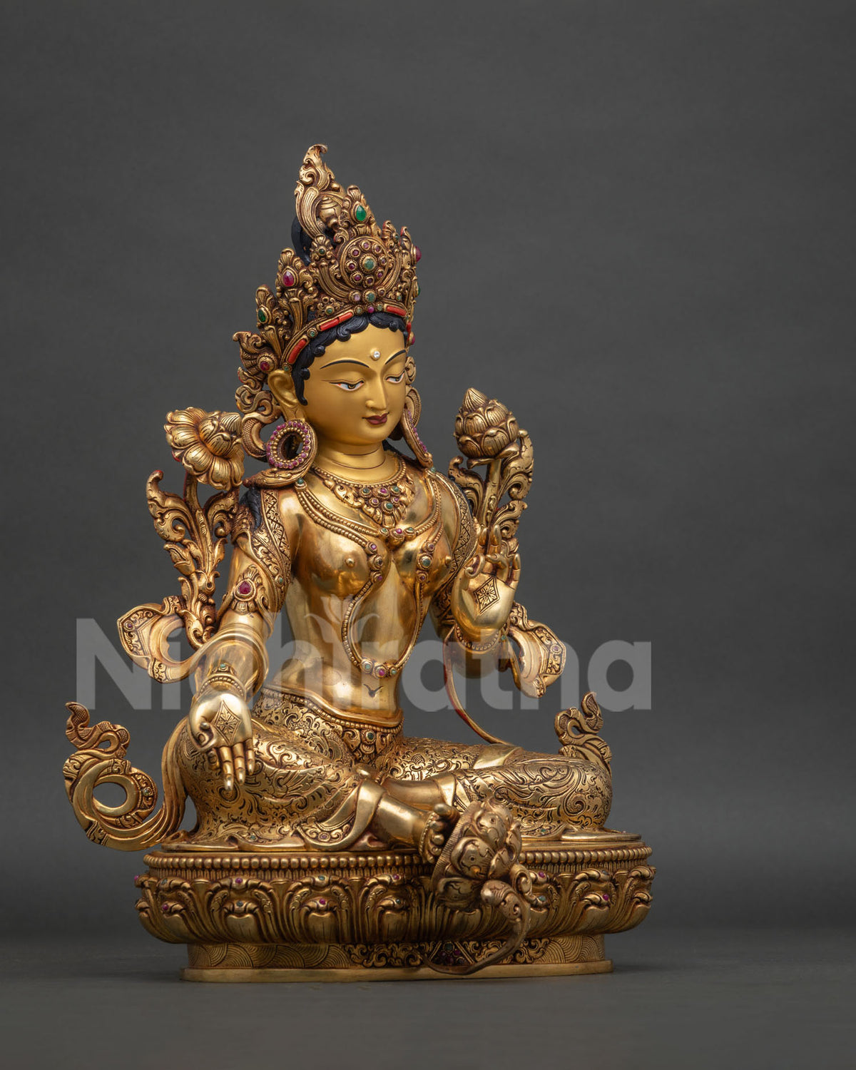 Green Tara Copper Statue right side view, Himalayan Buddhist compassion sculpture