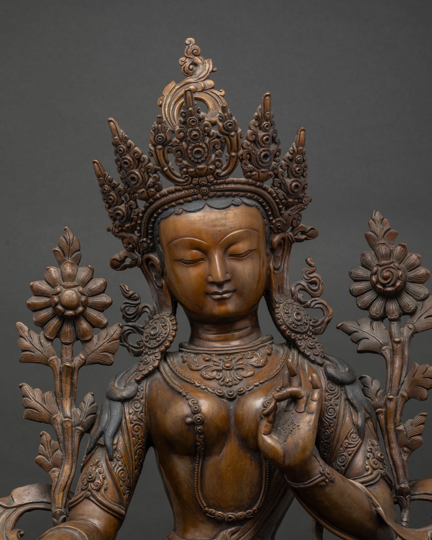 Green Tara copper statue with intricate Nepalese Buddhist craftsmanship
