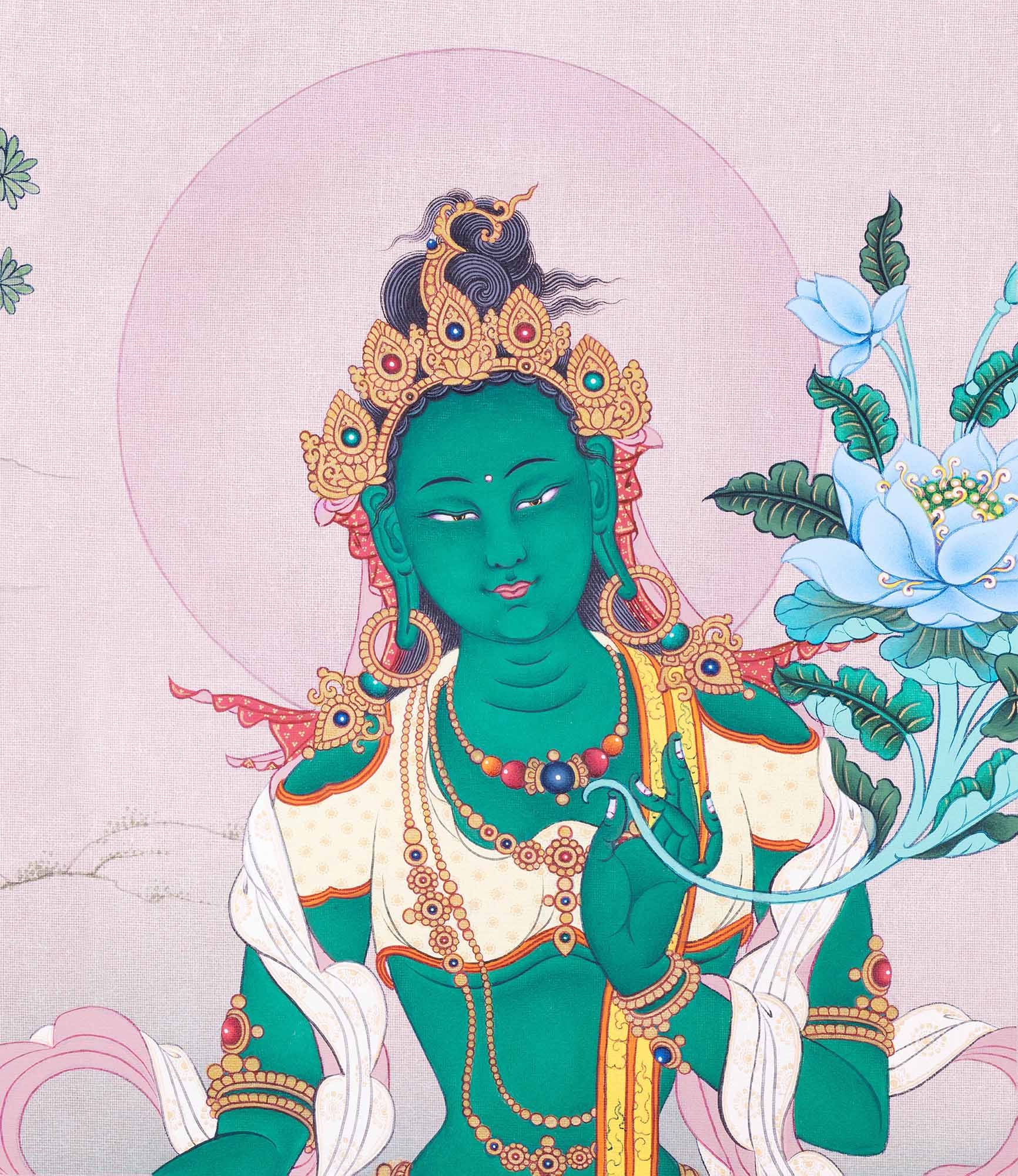 Green Tara giclΓ©e print detail showing crown, jewelry, and blue lotus flower beside shoulder