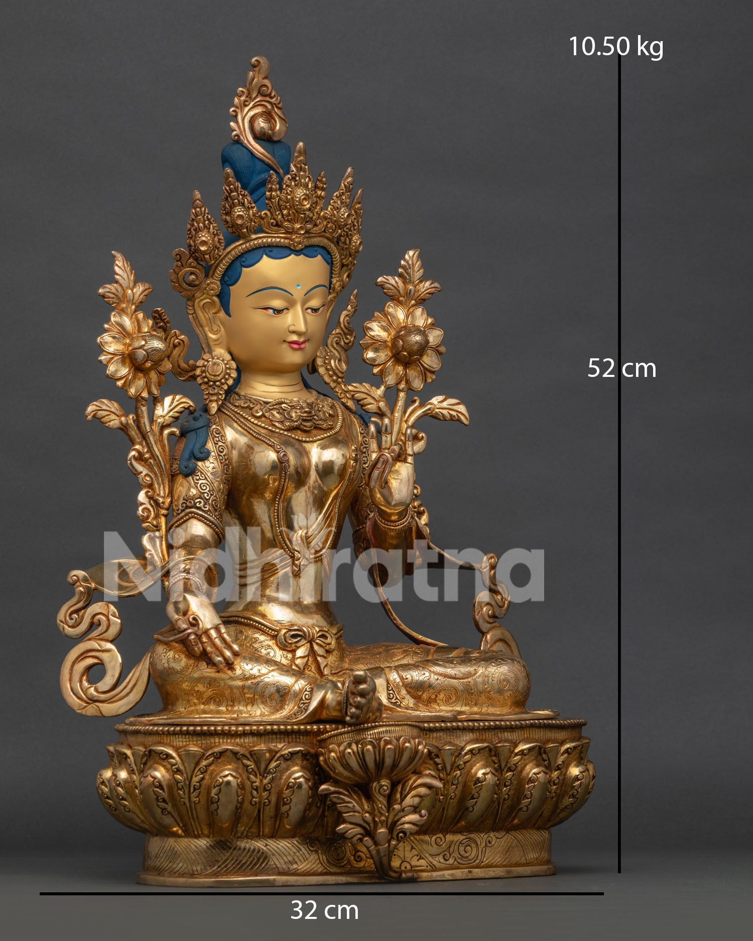 Green Tara right side view, Varada Mudra hand gesture with utpala flower and ornate detailing