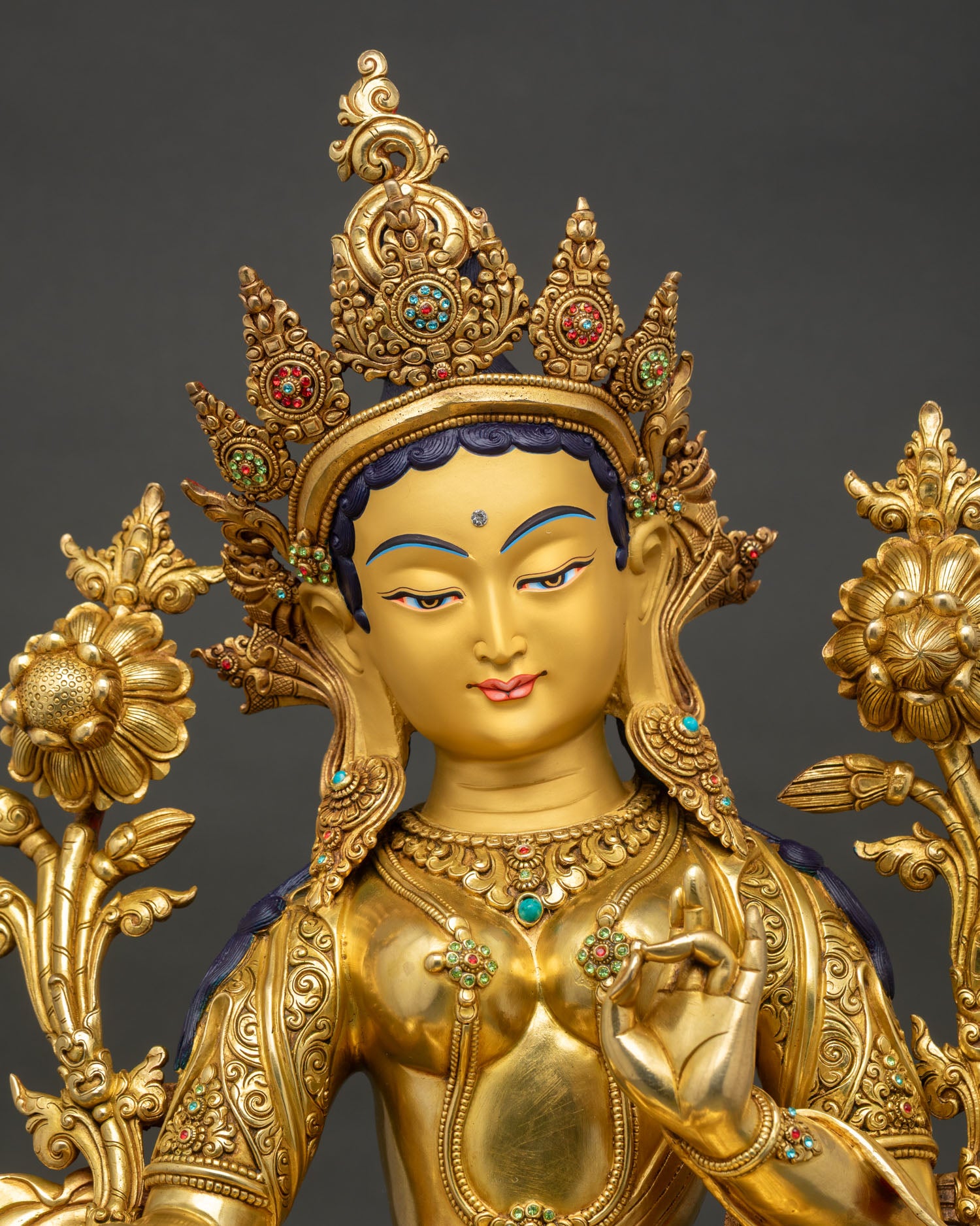 Green Tara Sculpture Close Up Detailed Copper Work Gold Gilding and Jeweled Accents