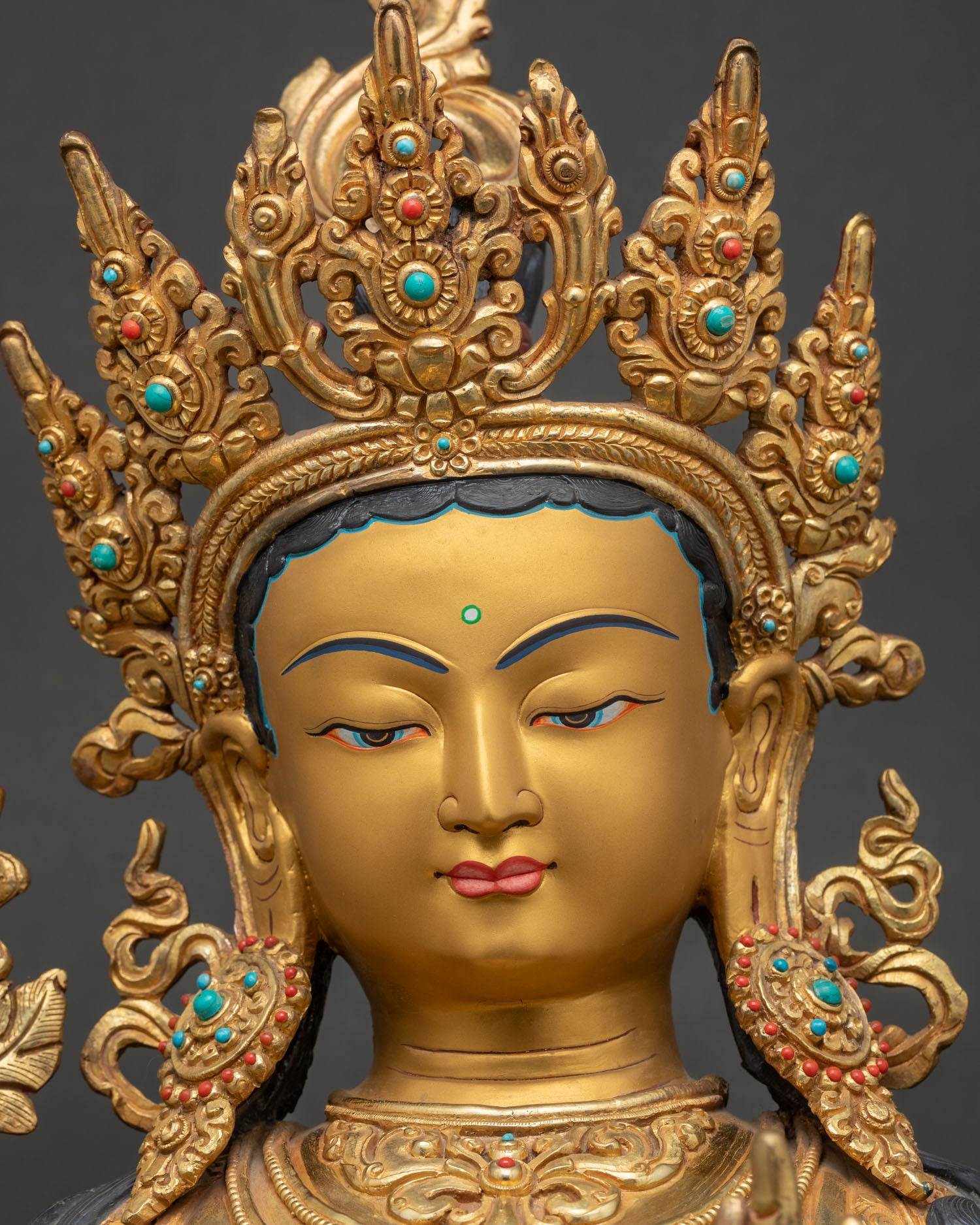 Green Tara Serene Face Close-Up Gold Gilded Copper Buddhist Statue Handcrafted Nepal