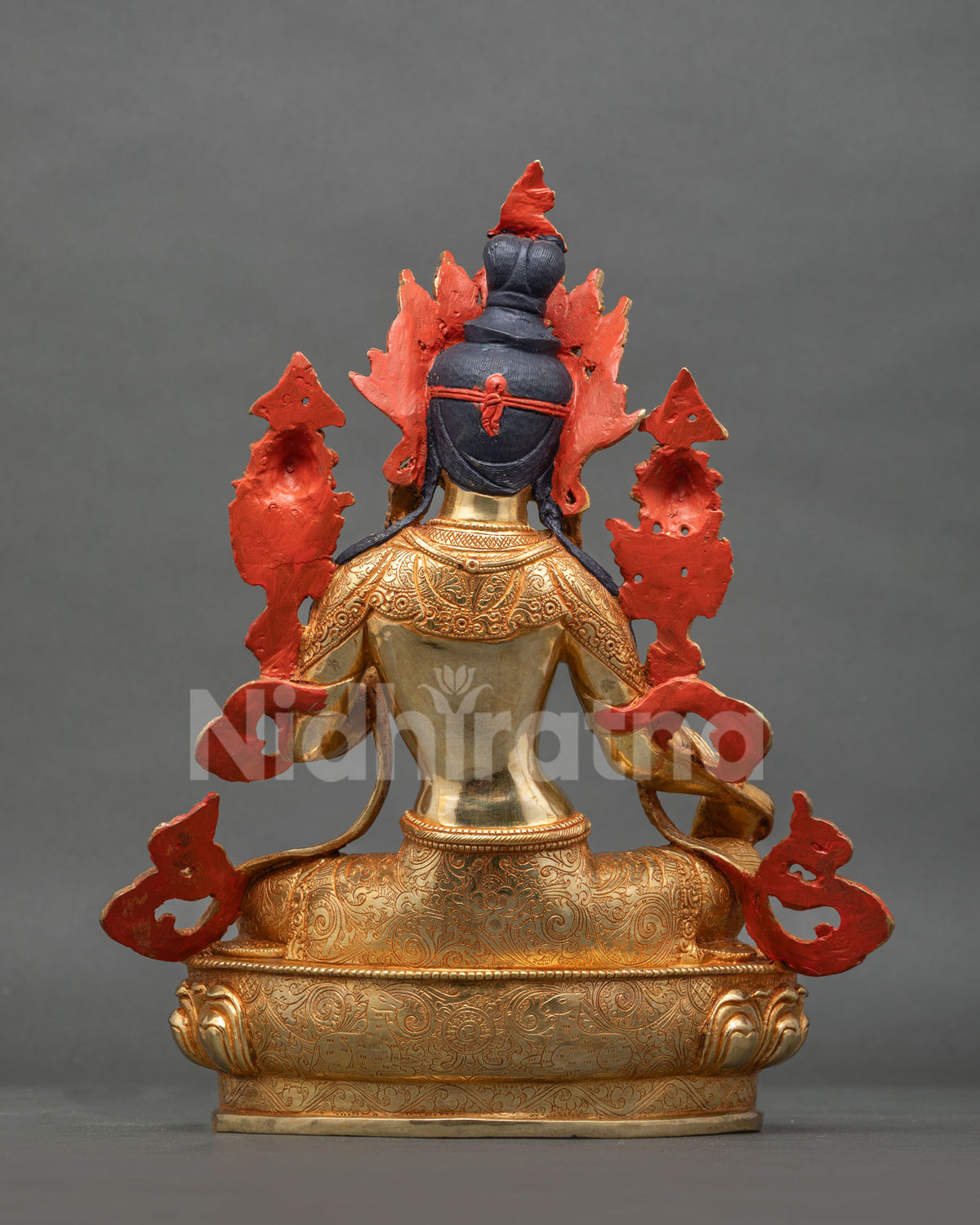 Green Tara Statue back view hand carved floral details gold fire gilded copper.