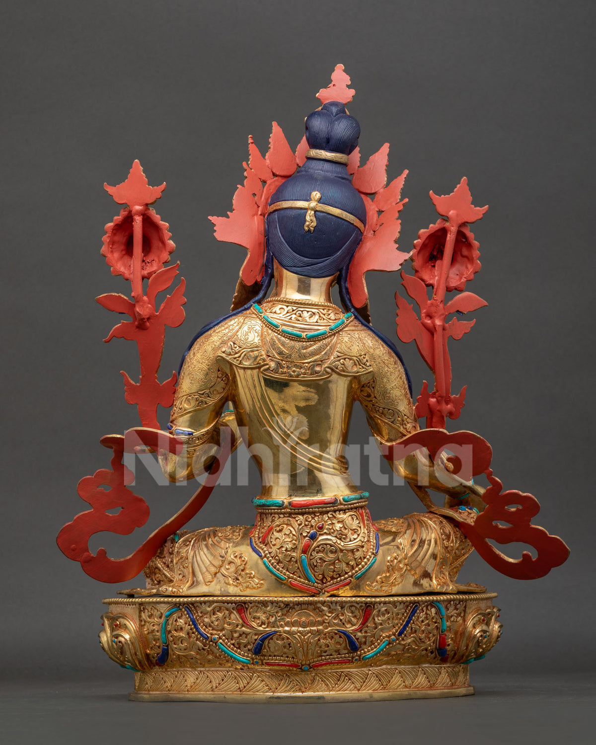 Green Tara Statue back view, hand-chased gold fire-gilded copper craftsmanship