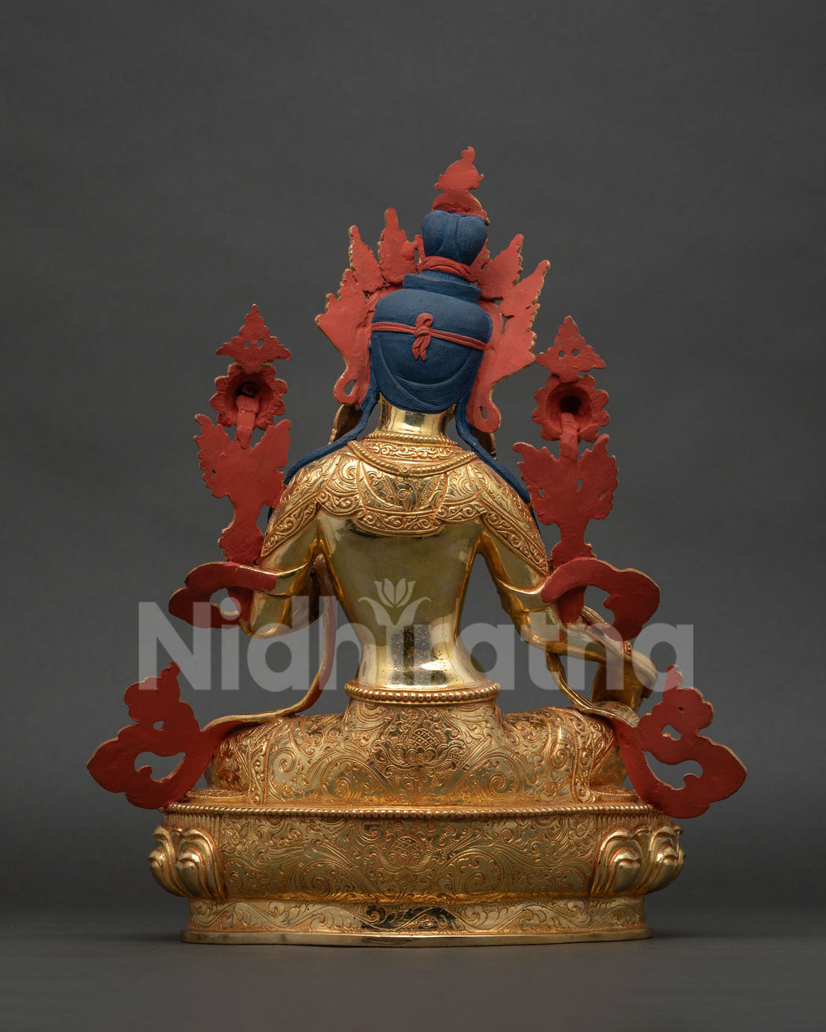 Green Tara Statue back view - intricate repoussé details on copper sculpture