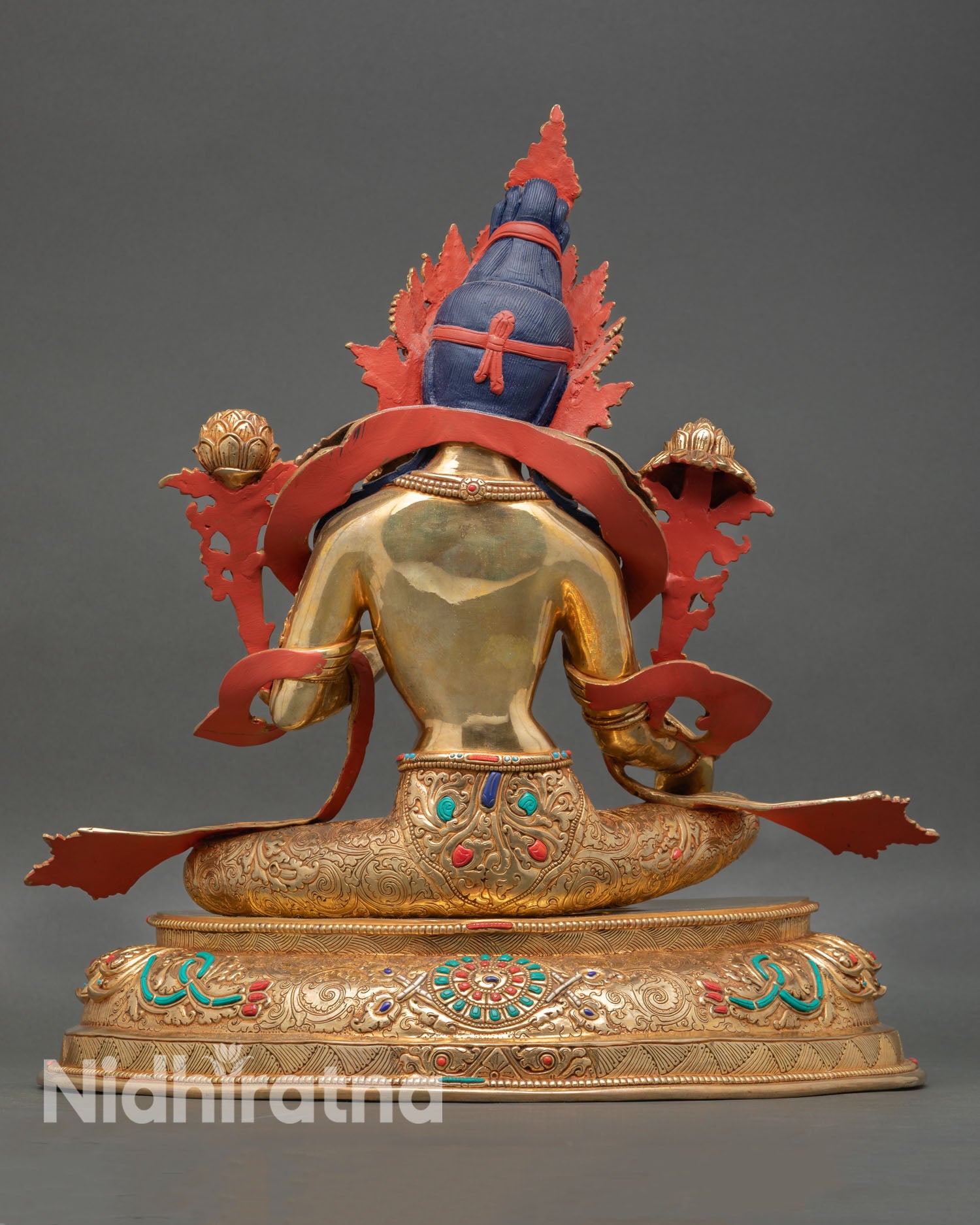Green Tara statue back view detailed Nepalese copper artwork gold fire gilded finish sacred Buddhist deity sculpture with intricate lotus and gemstone decorations