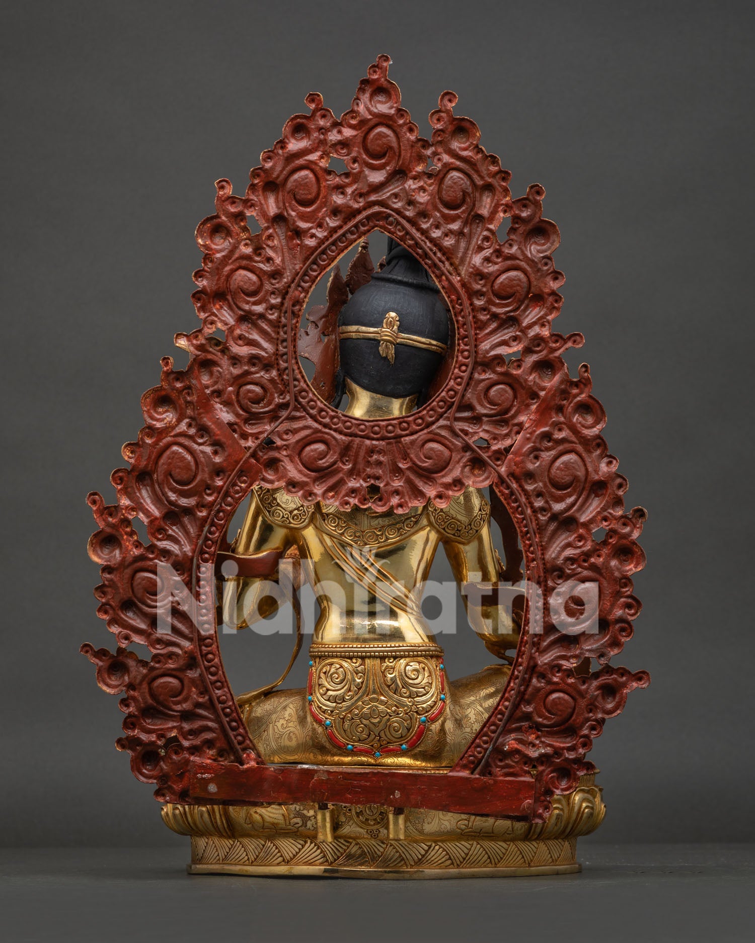 Green Tara Statue Back View Showing Ornate Floral Halo Traditional Craftsmanship and Copper Finish