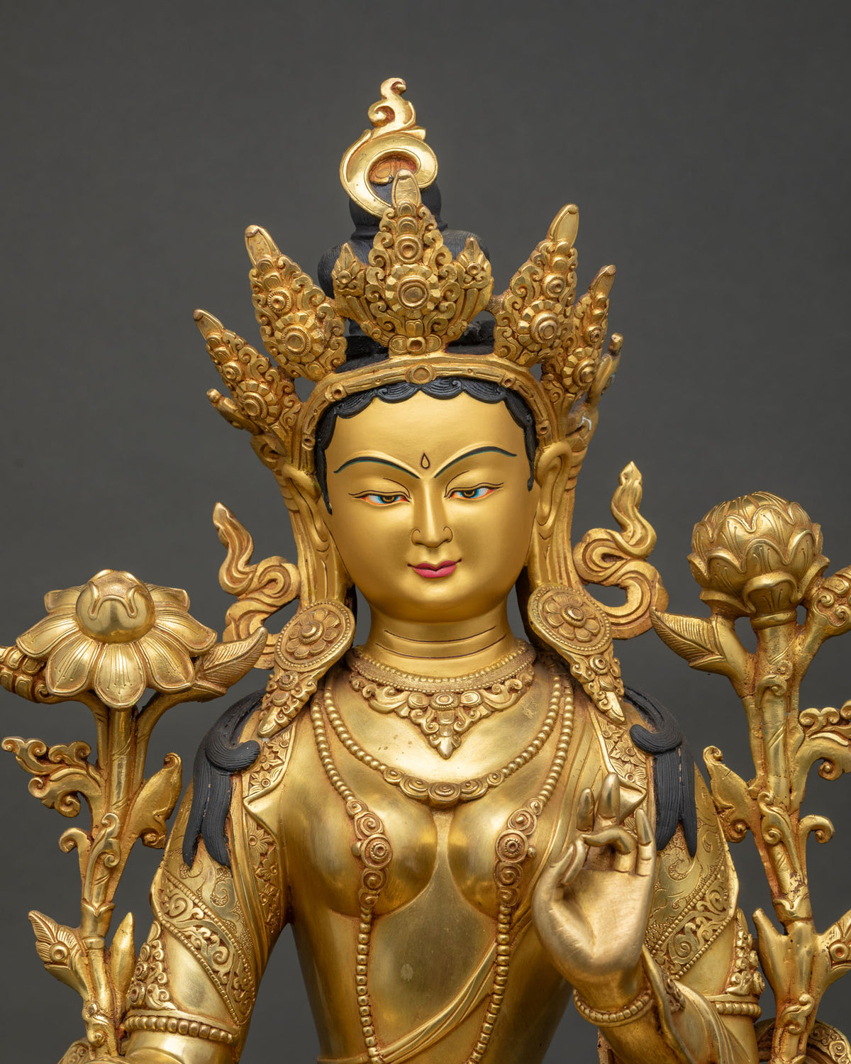 Green Tara Statue Close Up View, 24K Gold Gilded Copper Buddhist Sculpture