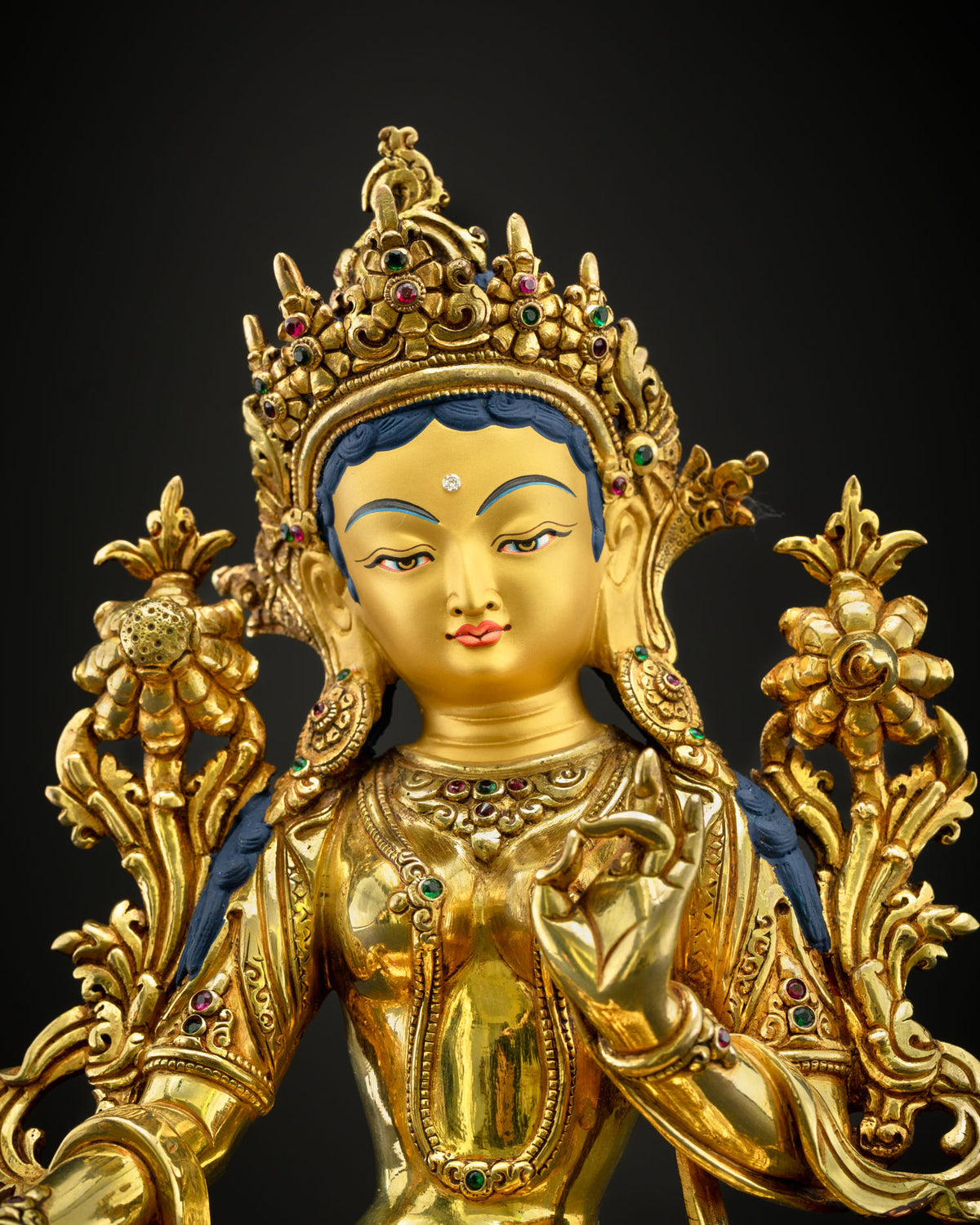 Green Tara Statue Close Up, Detailed Gold Gilded Copper Buddhist Sculpture