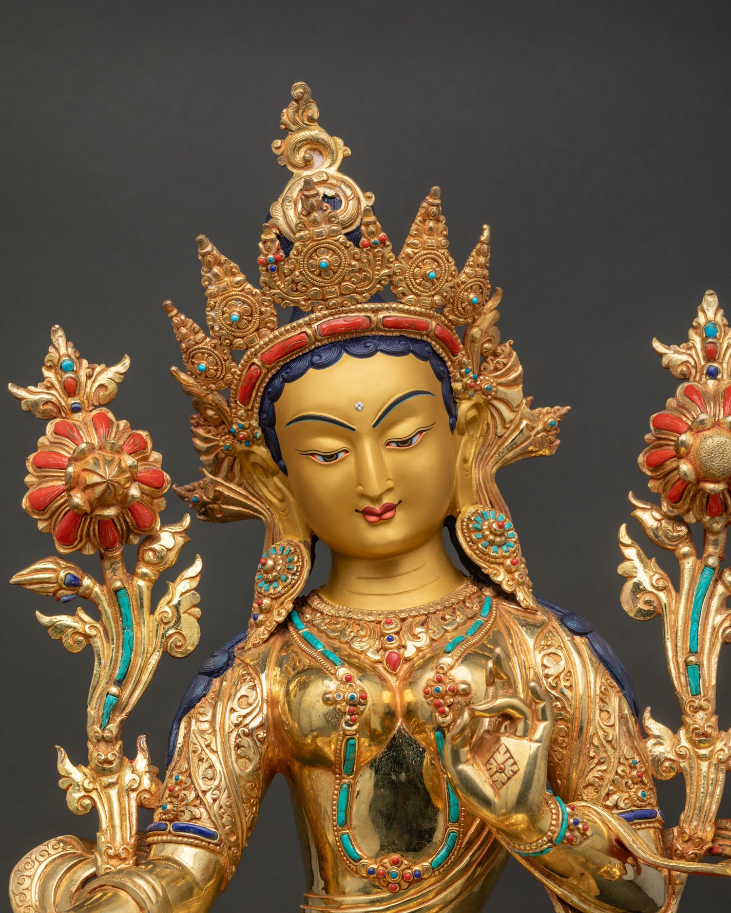 Green Tara Statue close-up, intricate gold fire-gilded copper jewelry detailing