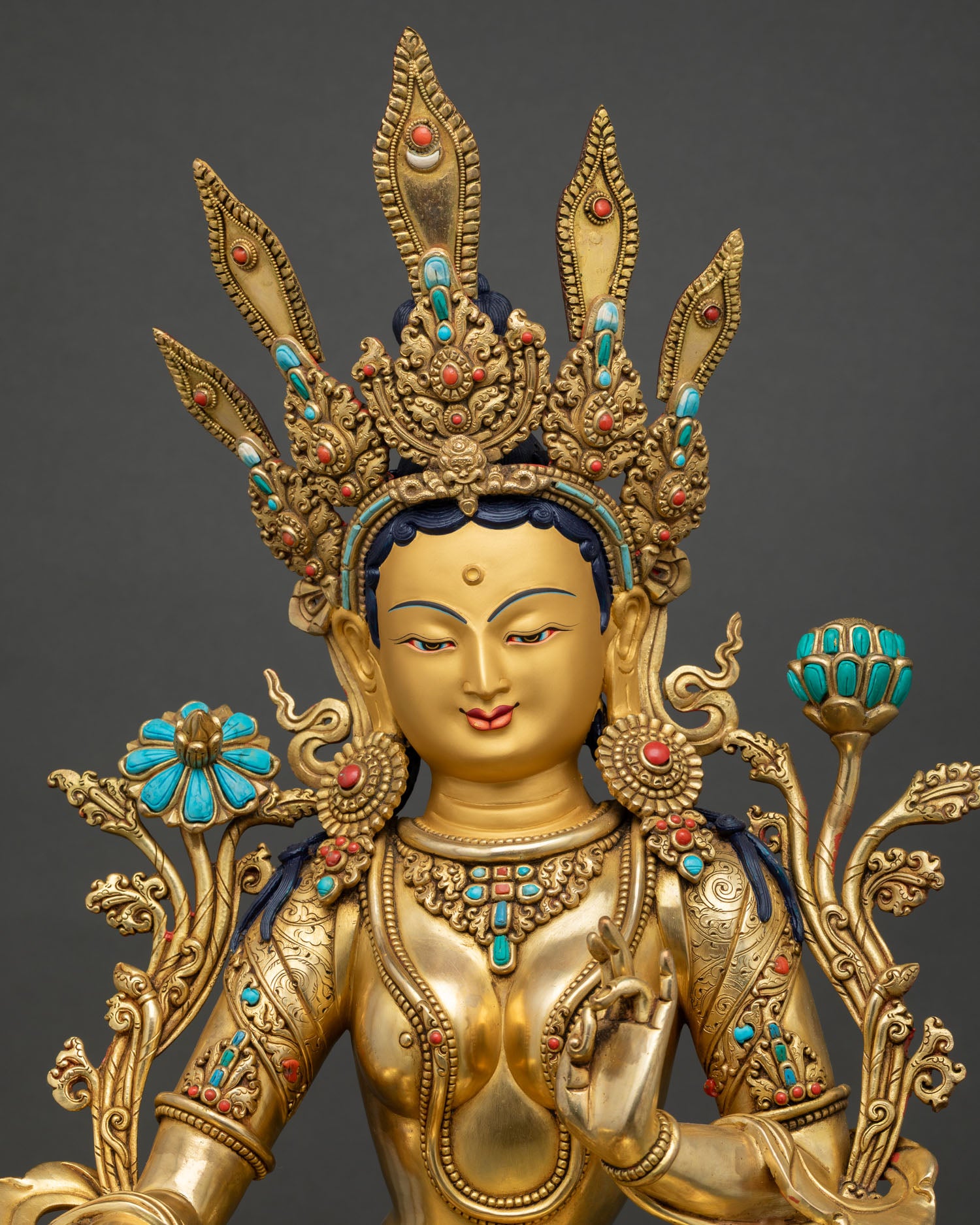 Green Tara statue elaborate gold crown and jewelry Nepal handmade