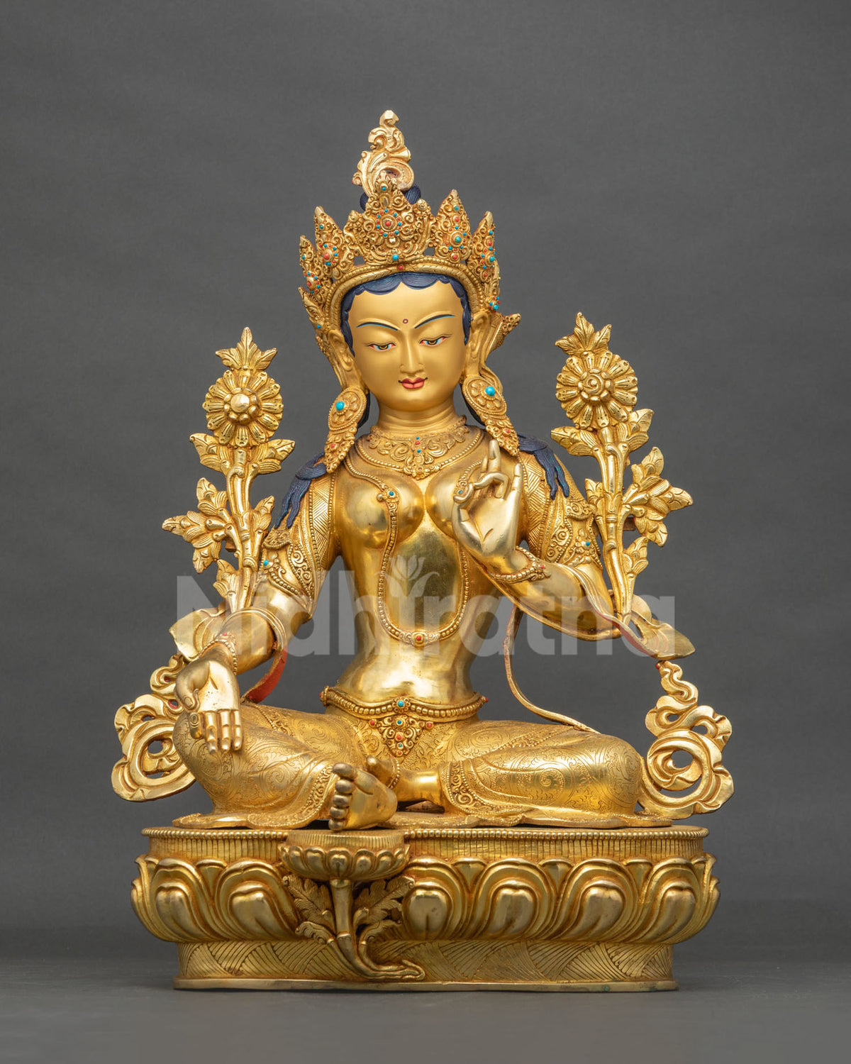Green Tara statue from Nepal, 24K gold fire gilded copper Tara sculpture on lotus throne, front view