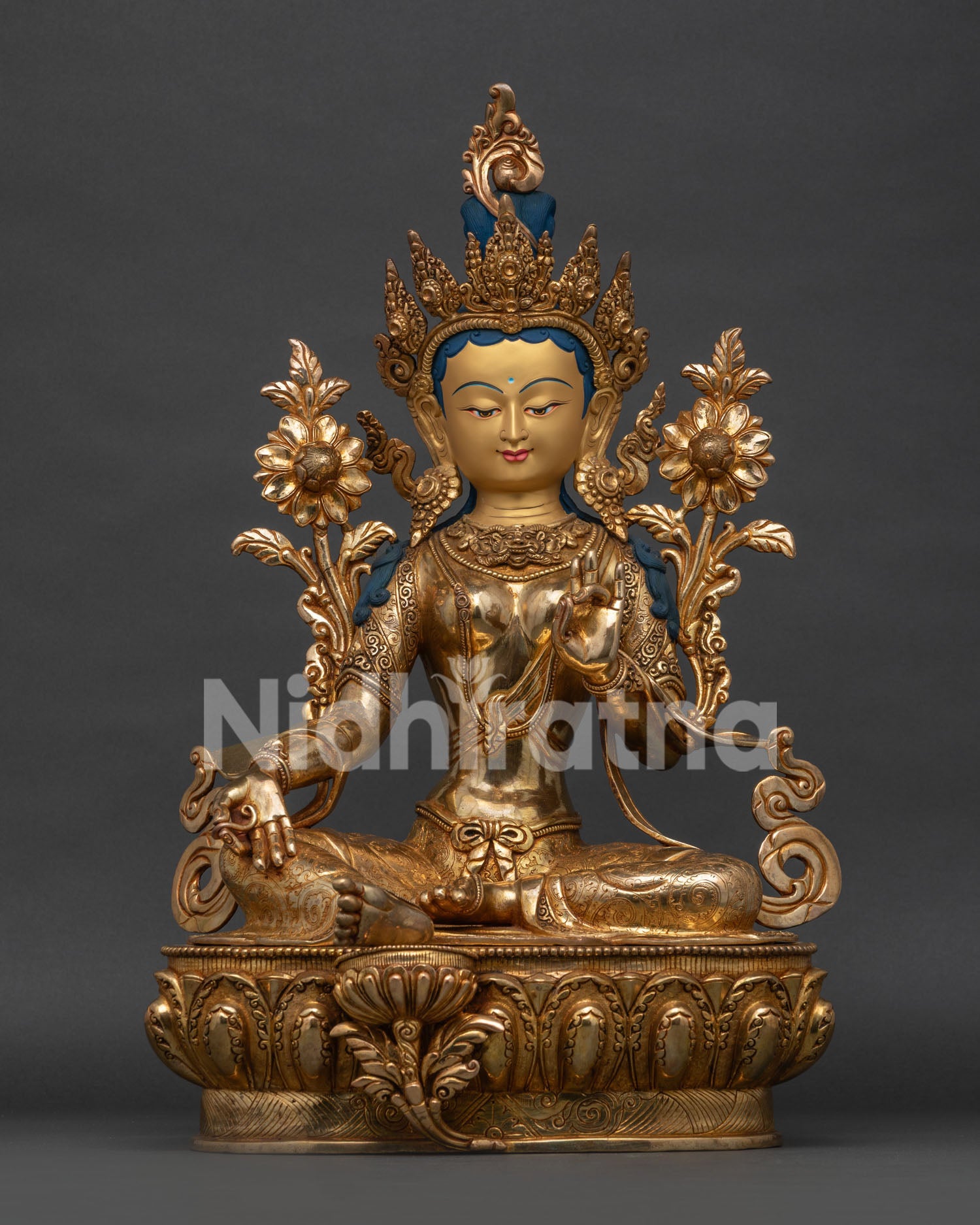 Green Tara statue front view, 20 inch handcrafted copper Buddhist goddess with gold gilding