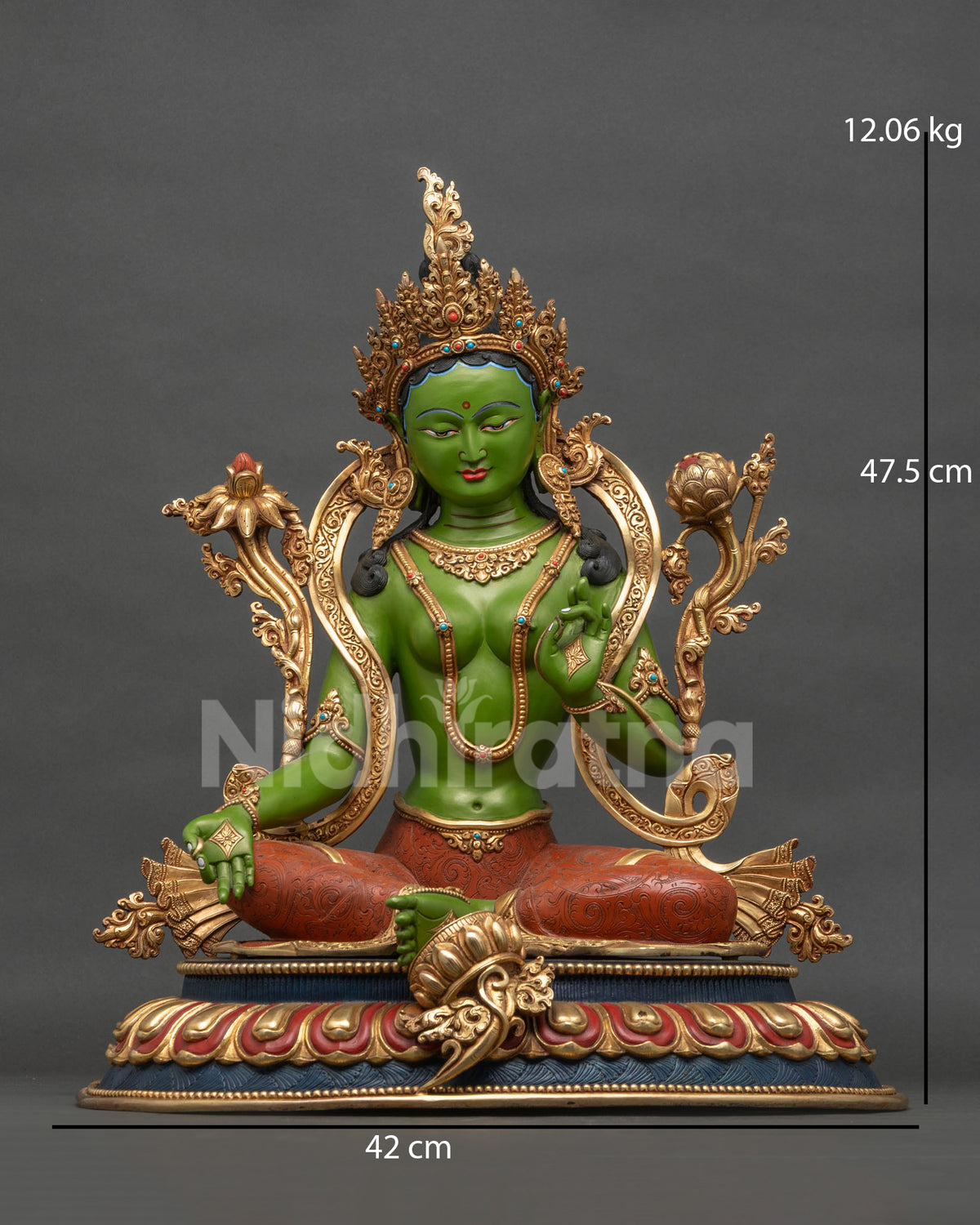 Green Tara statue front view, acrylic-painted copper Buddhist sculpture with 24K gold gilding