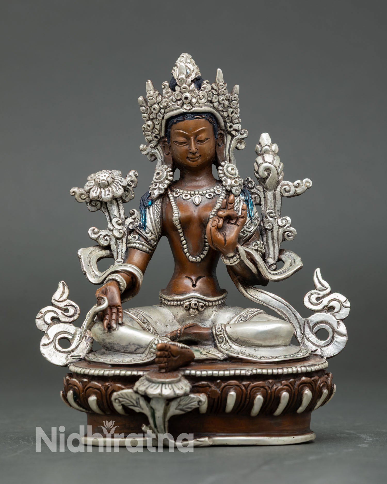 Green Tara statue front view copper oxidized silver plated Nepal lotus meditation decor