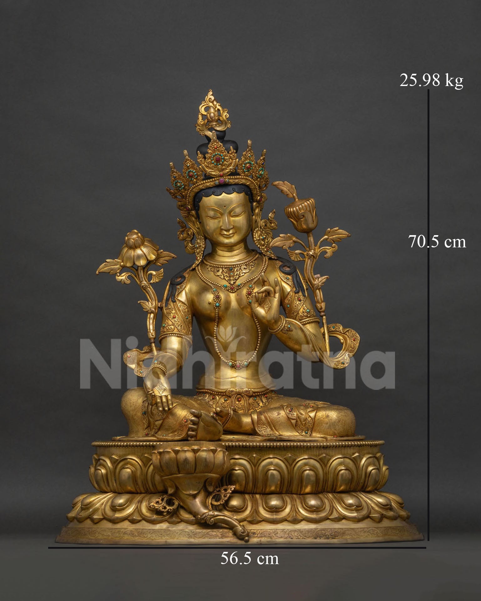 Green Tara Statue front view, gold fire-gilded copper, Nepal handmade Buddhist art