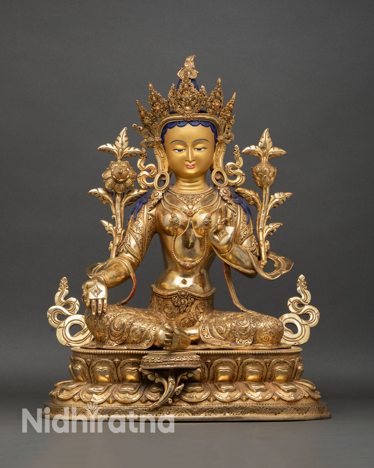 Green Tara statue front view, hand-carved Nepalese Buddhist sculpture on lotus base, gilded finish