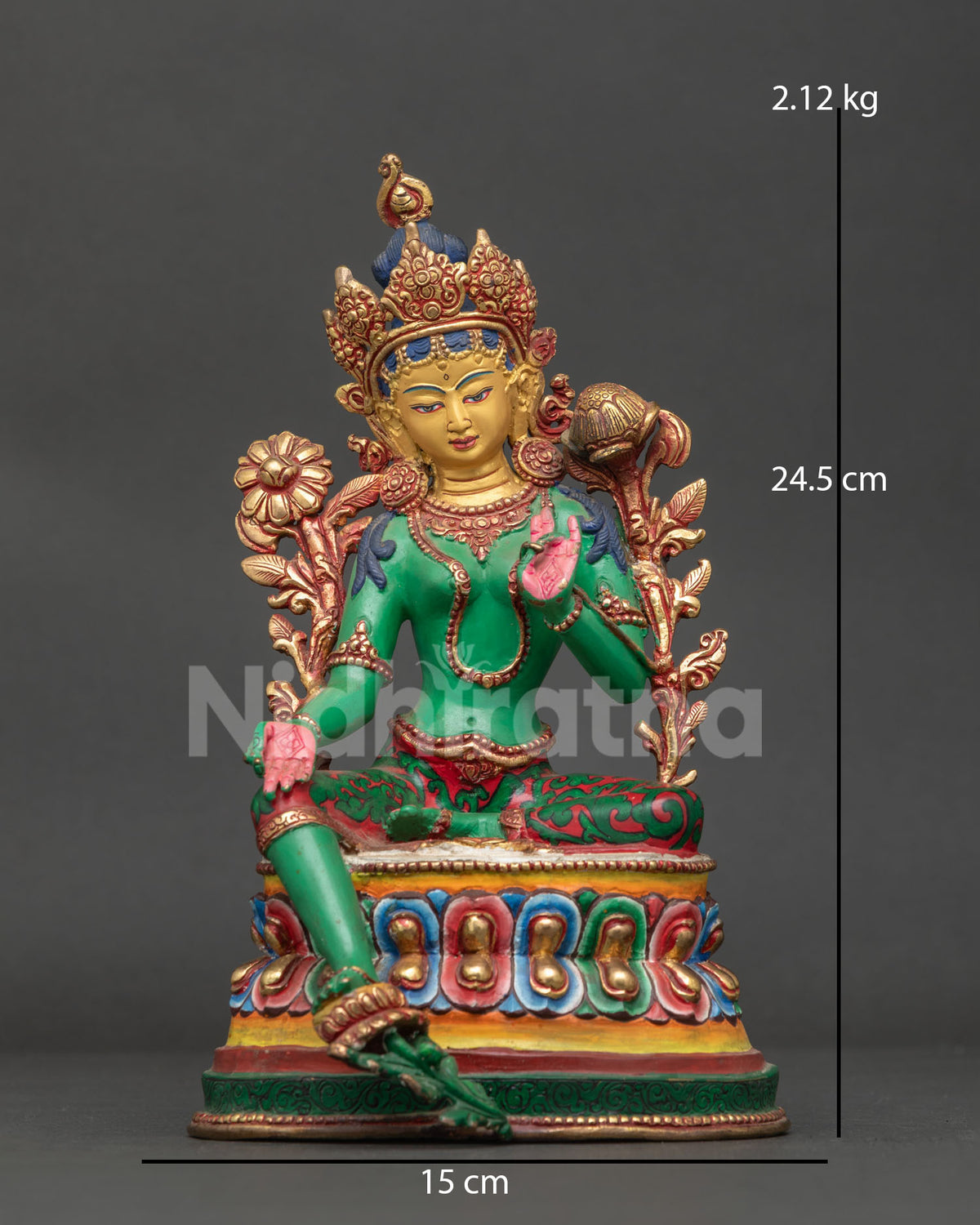 Green Tara statue front view, hand-painted copper Buddhist goddess with 24K gold face