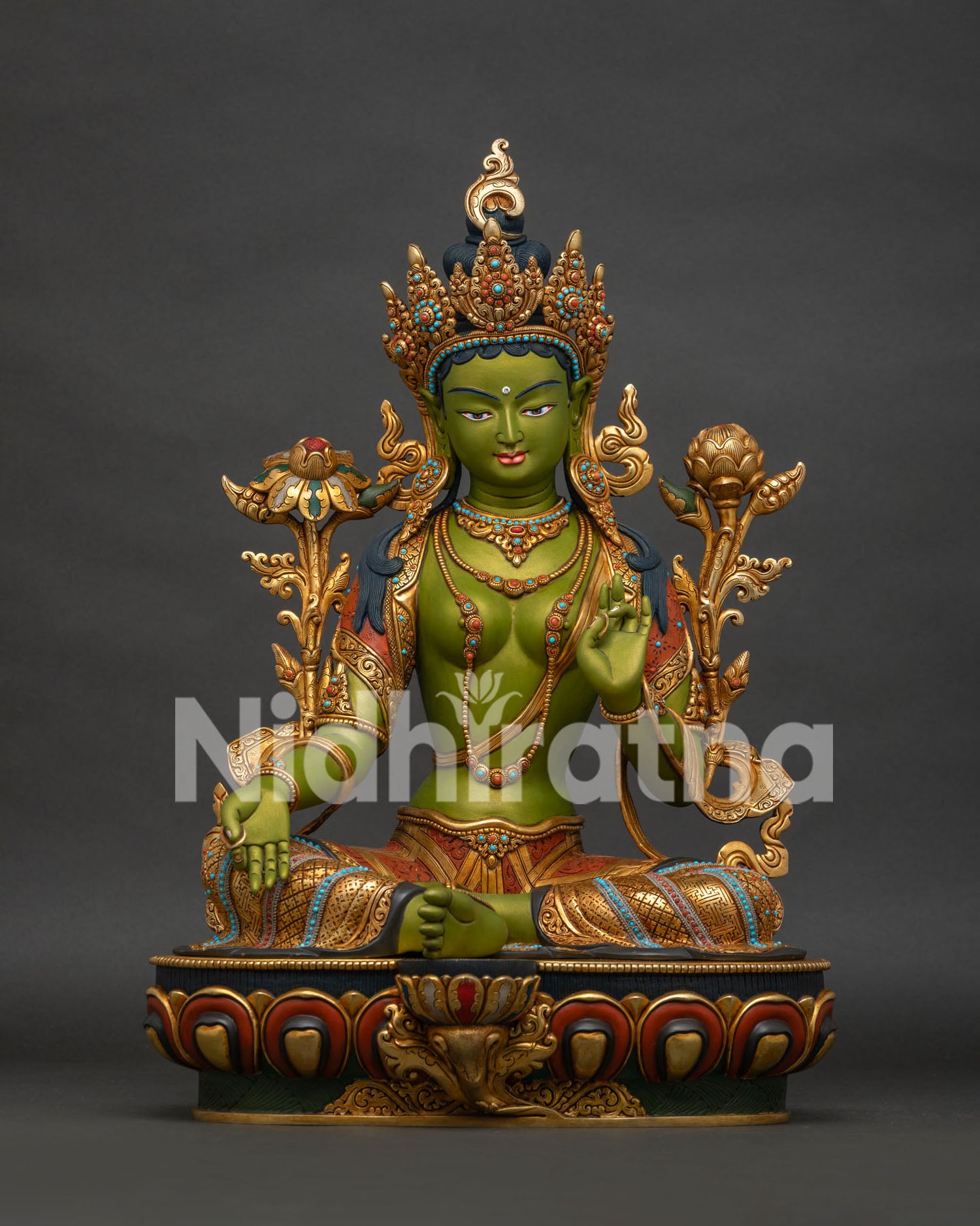 Green Tara statue front view – hand-painted gold-gilded copper Buddhist sculpture