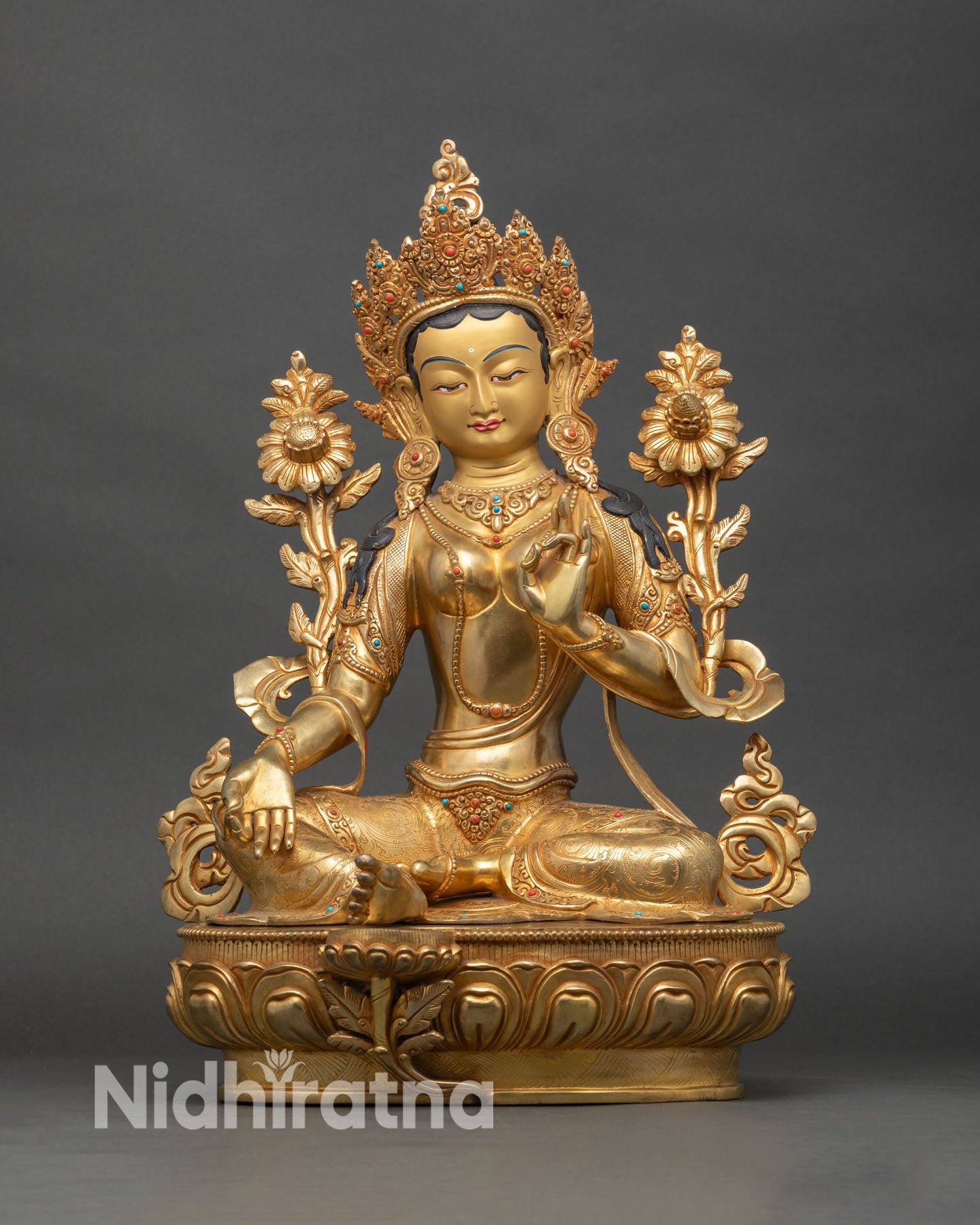 Green Tara statue front view, handcrafted copper, 24K gold fire-gilded, lotus seat