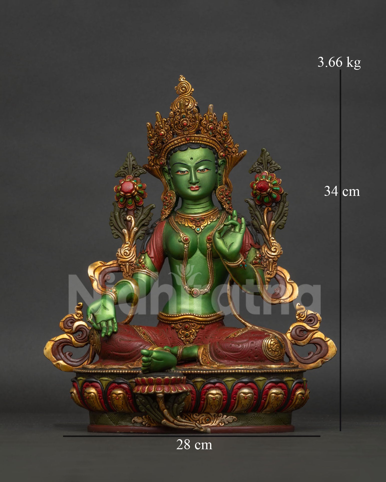 Green Tara statue front view, handcrafted copper Buddhist sculpture with gold gilding