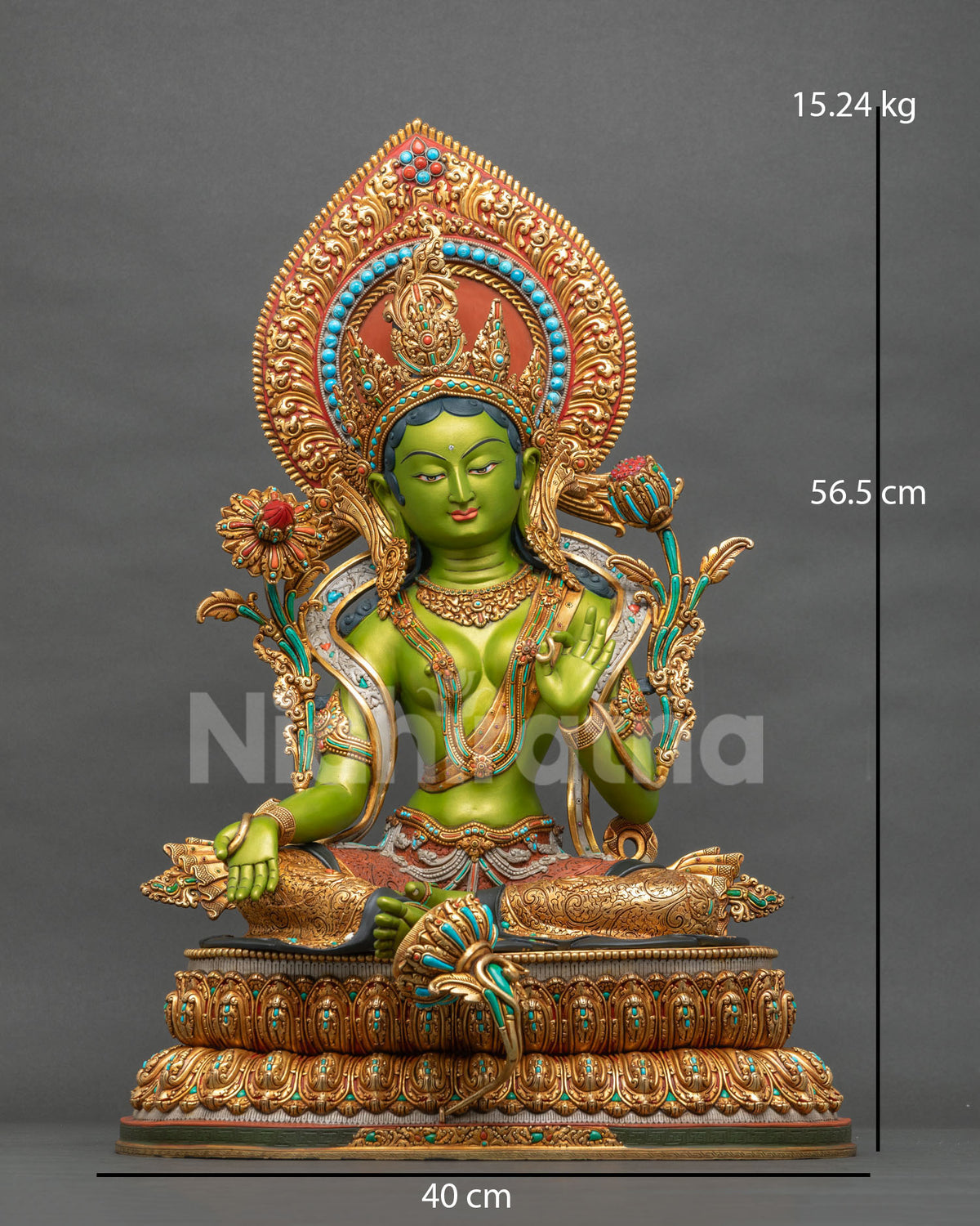 Green Tara statue front view, handcrafted gold-gilded copper Buddhist masterpiece from Nepal