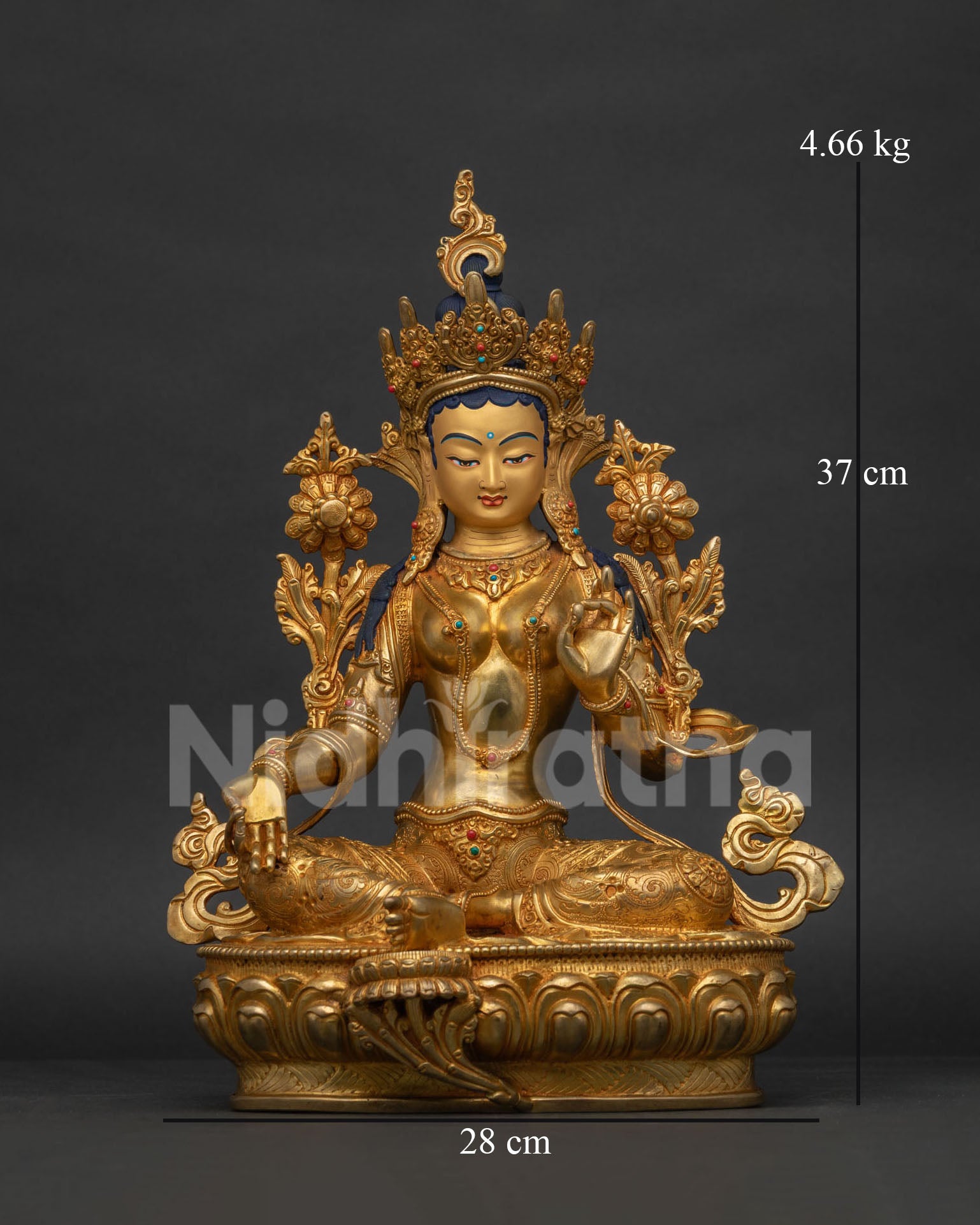 Green Tara Statue front view - handcrafted gold gilded Nepalese Buddhist sculpture