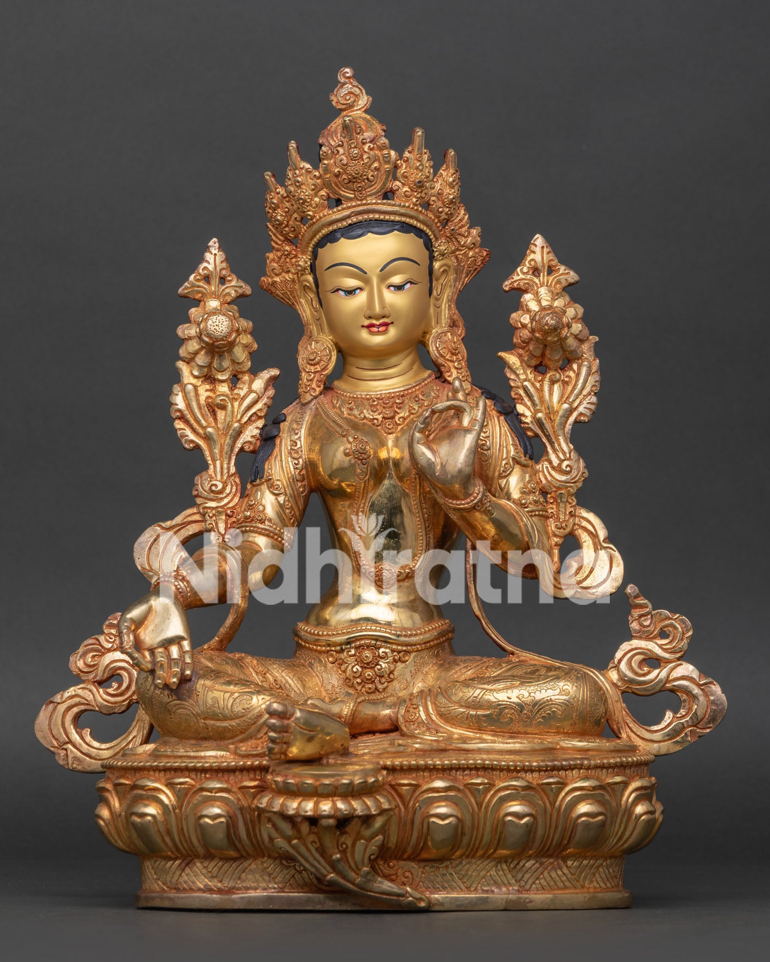 Green Tara Statue front view handcrafted in Nepal with 24K gold gilding and gold painted face