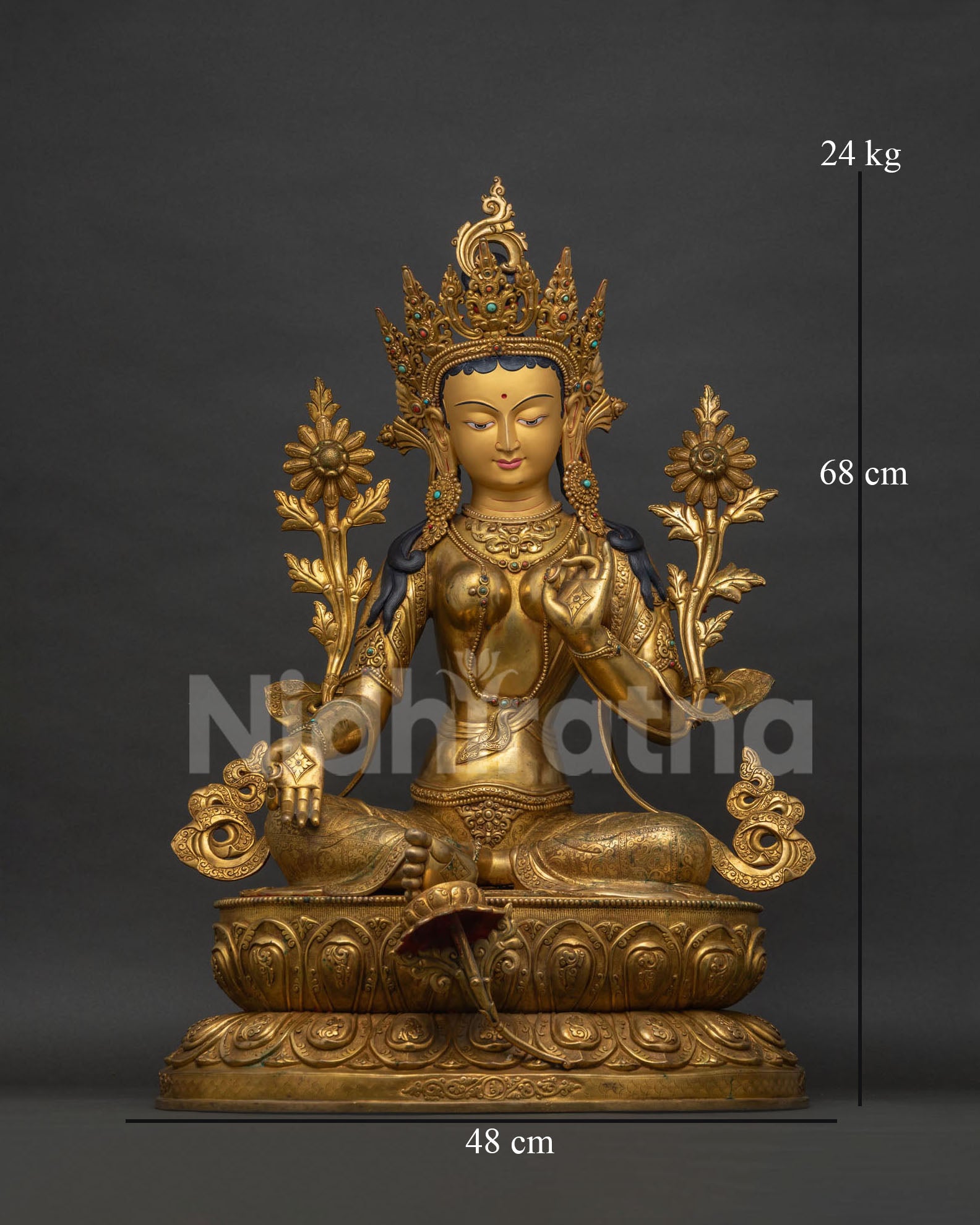 Green Tara Statue front view, handcrafted Nepali gold gilded copper Buddhist sculpture