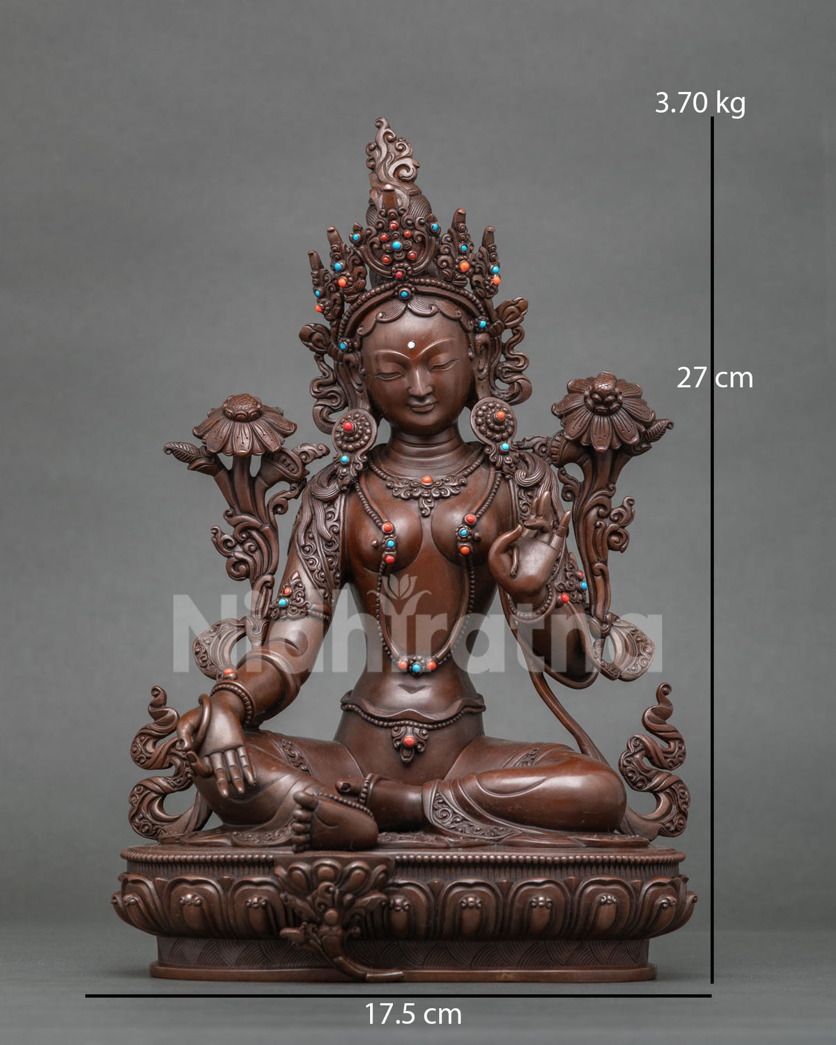 Green Tara Statue front view oxidized copper Buddhist sculpture with turquoise, coral stones and five jewel crown