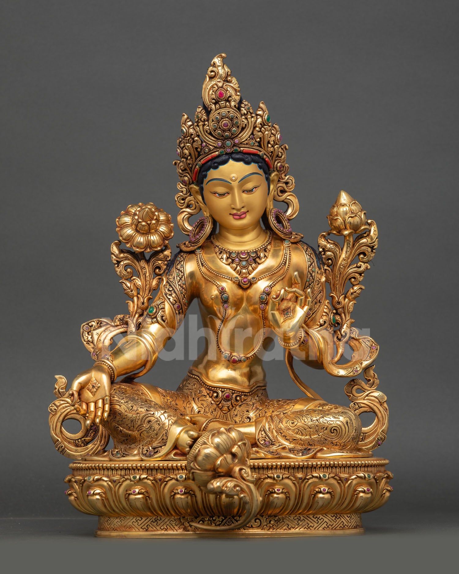 green tara statue full view copper gold gilded nepal buddhist sculpture lotus base