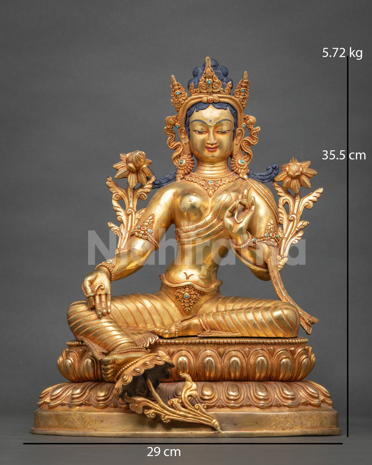 Green Tara Statue front view featuring gold fire gilded copper semi precious stones and double lotus pedestal.