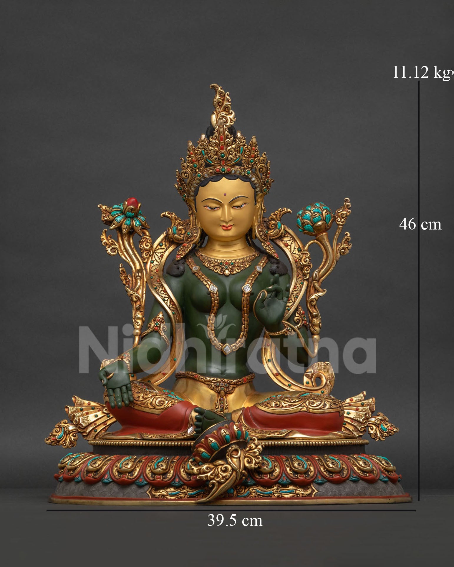 Green Tara statue hand-painted copper gold-gilded front view with Varada mudra blessings