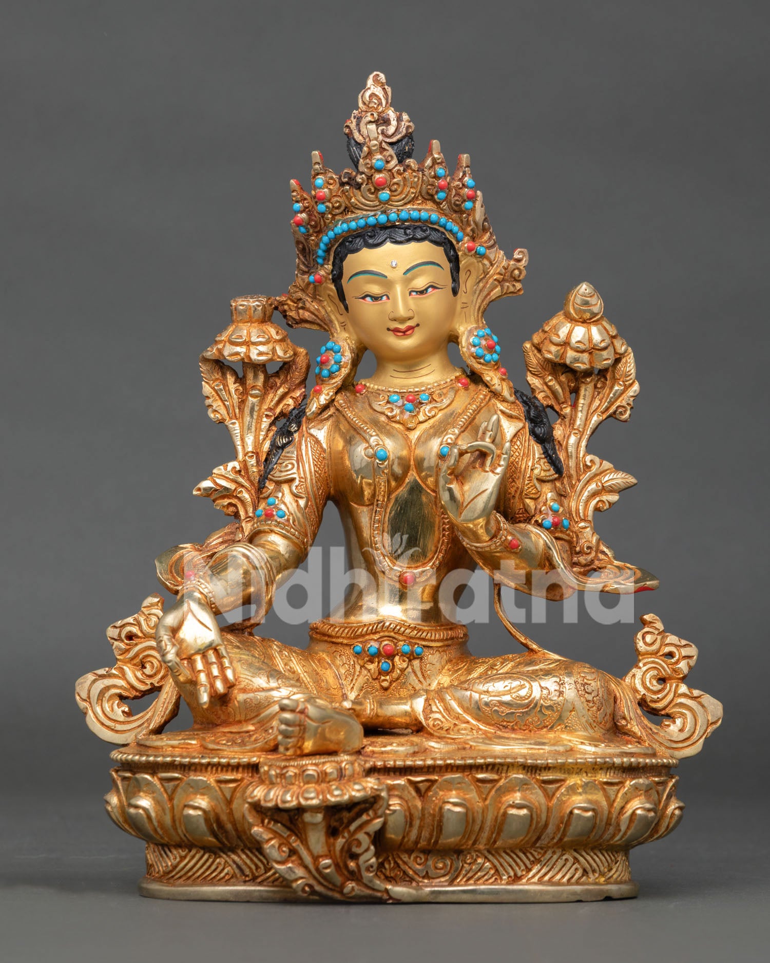 Green Tara Statue handcrafted copper Buddhist goddess with 24K gold gilding